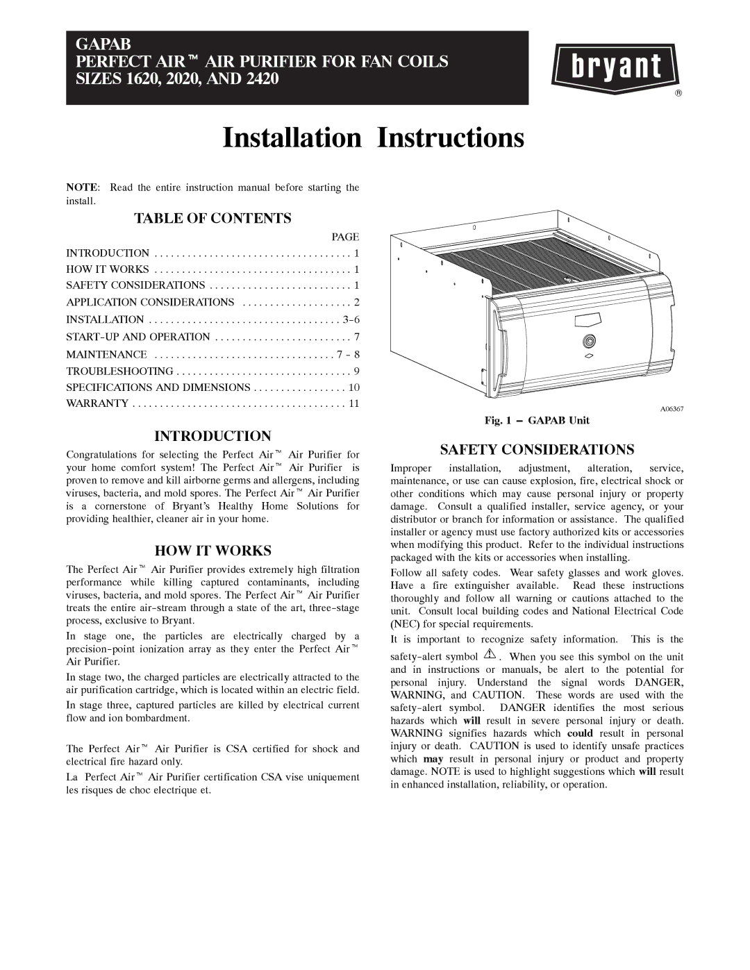 Bryant 1620, 2420, 2020 installation instructions Table of Contents, Introduction, HOW IT Works, Safety Considerations 