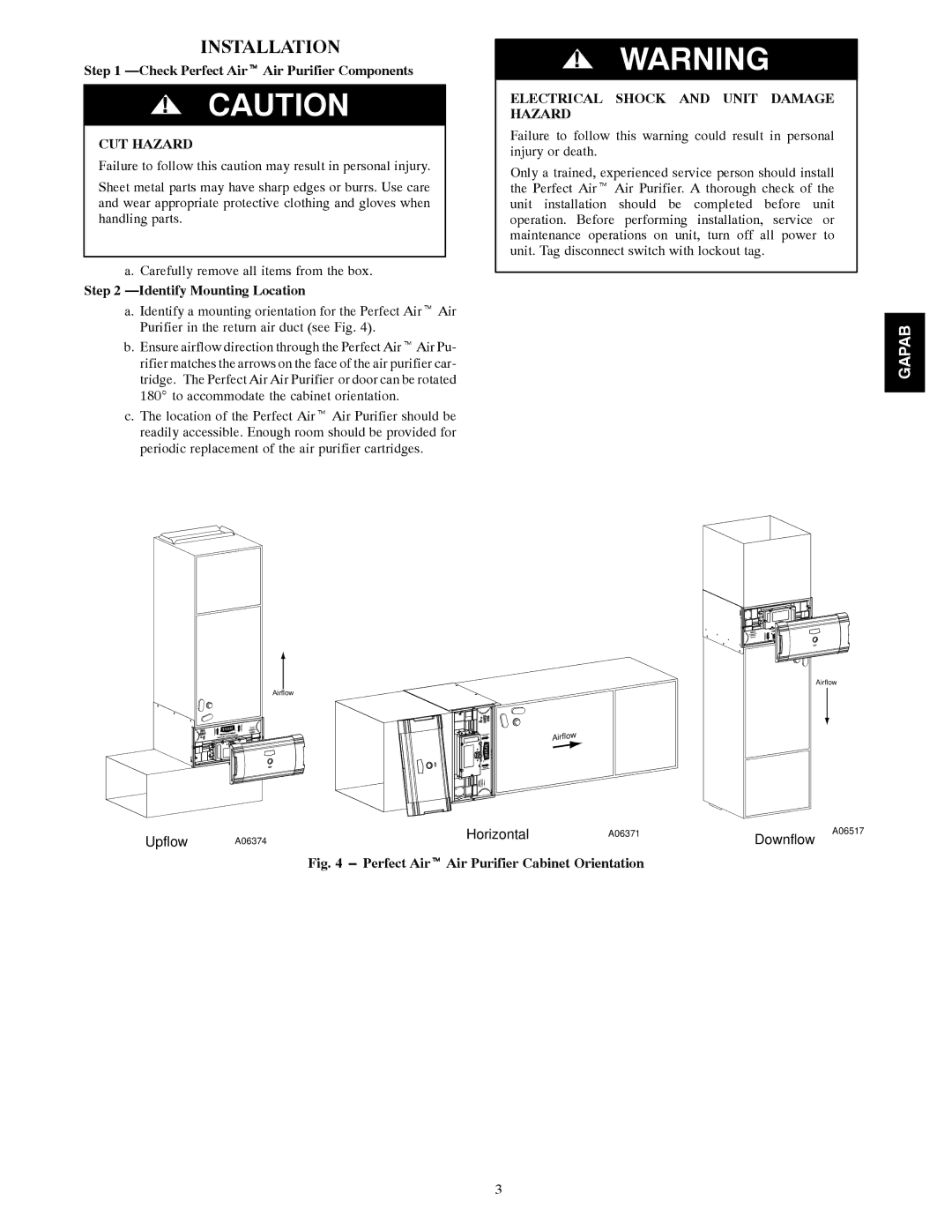 Bryant 2420, 1620, 2020 Installation, Check Perfect Airt Air Purifier Components, CUT Hazard, Identify Mounting Location 