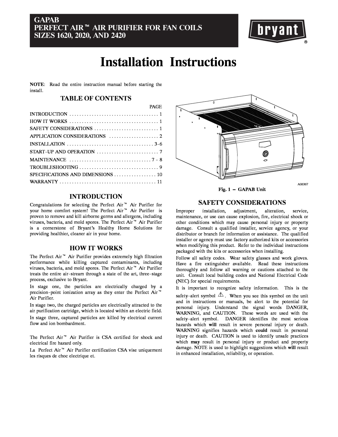 Bryant 1620 installation instructions Table Of Contents, Introduction, How It Works, Safety Considerations, GAPAB Unit 