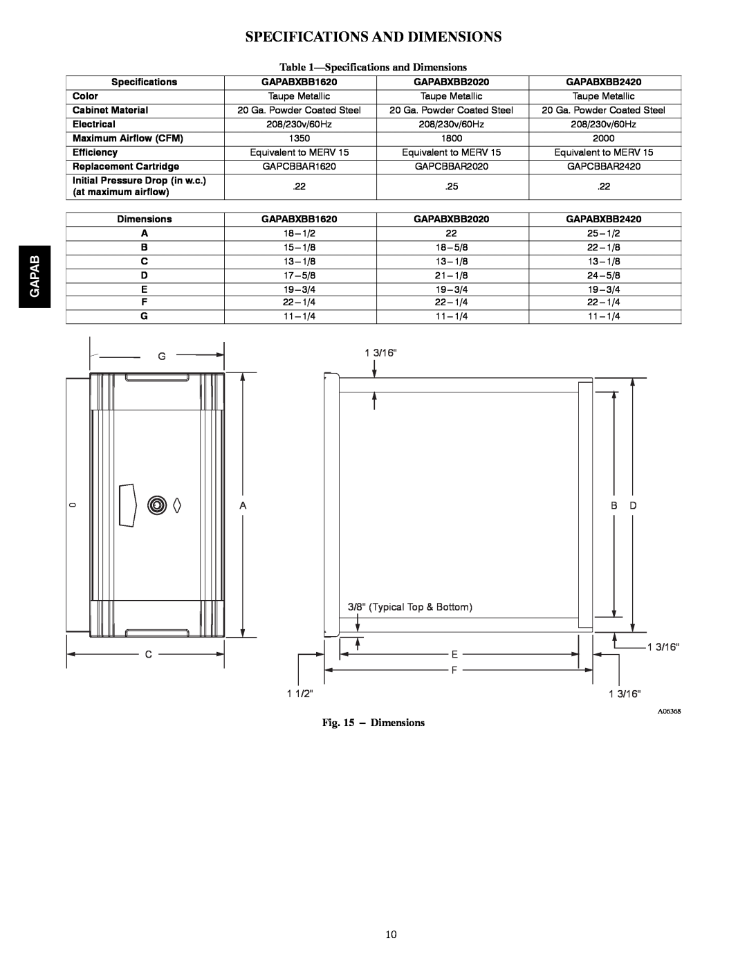 Bryant 1620, 2420, 2020 installation instructions Specifications And Dimensions, Gapab 