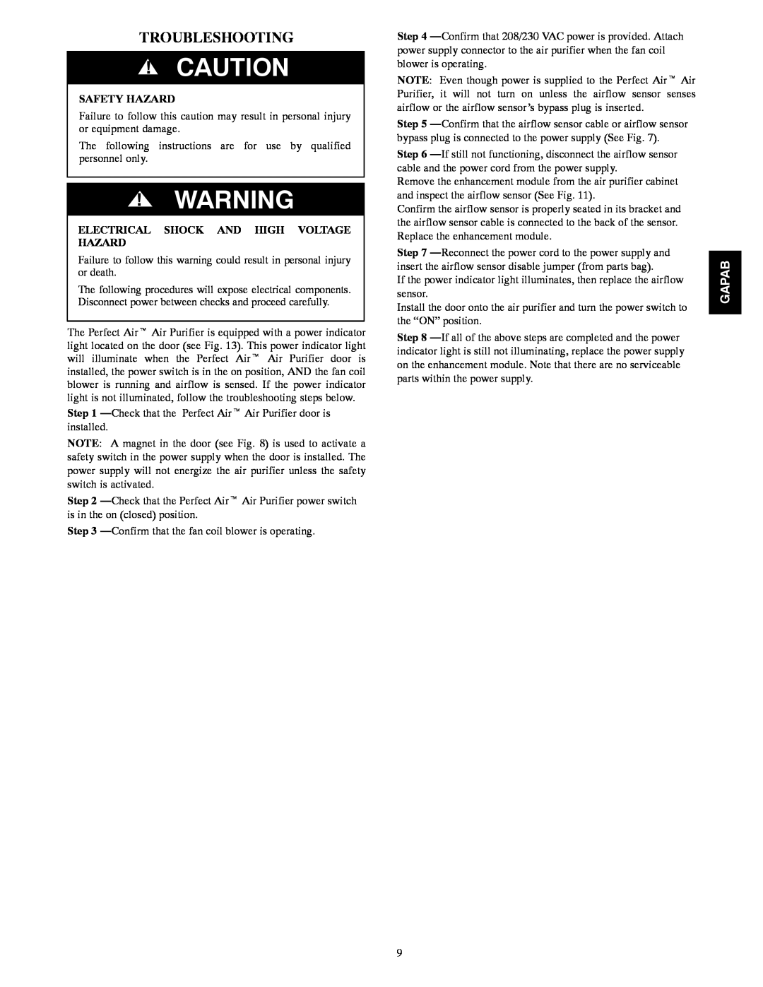 Bryant 2420, 1620, 2020 Troubleshooting, Safety Hazard, Gapab, Electrical Shock And High Voltage Hazard 