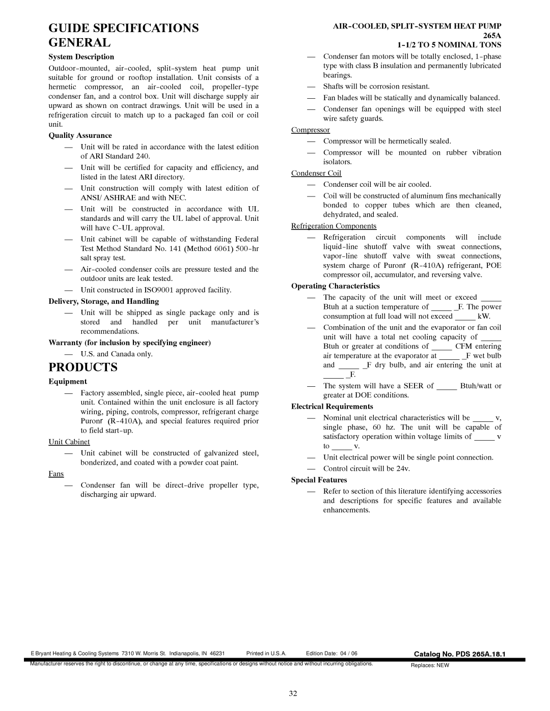 Bryant 265A warranty Guide Specifications General, Products 