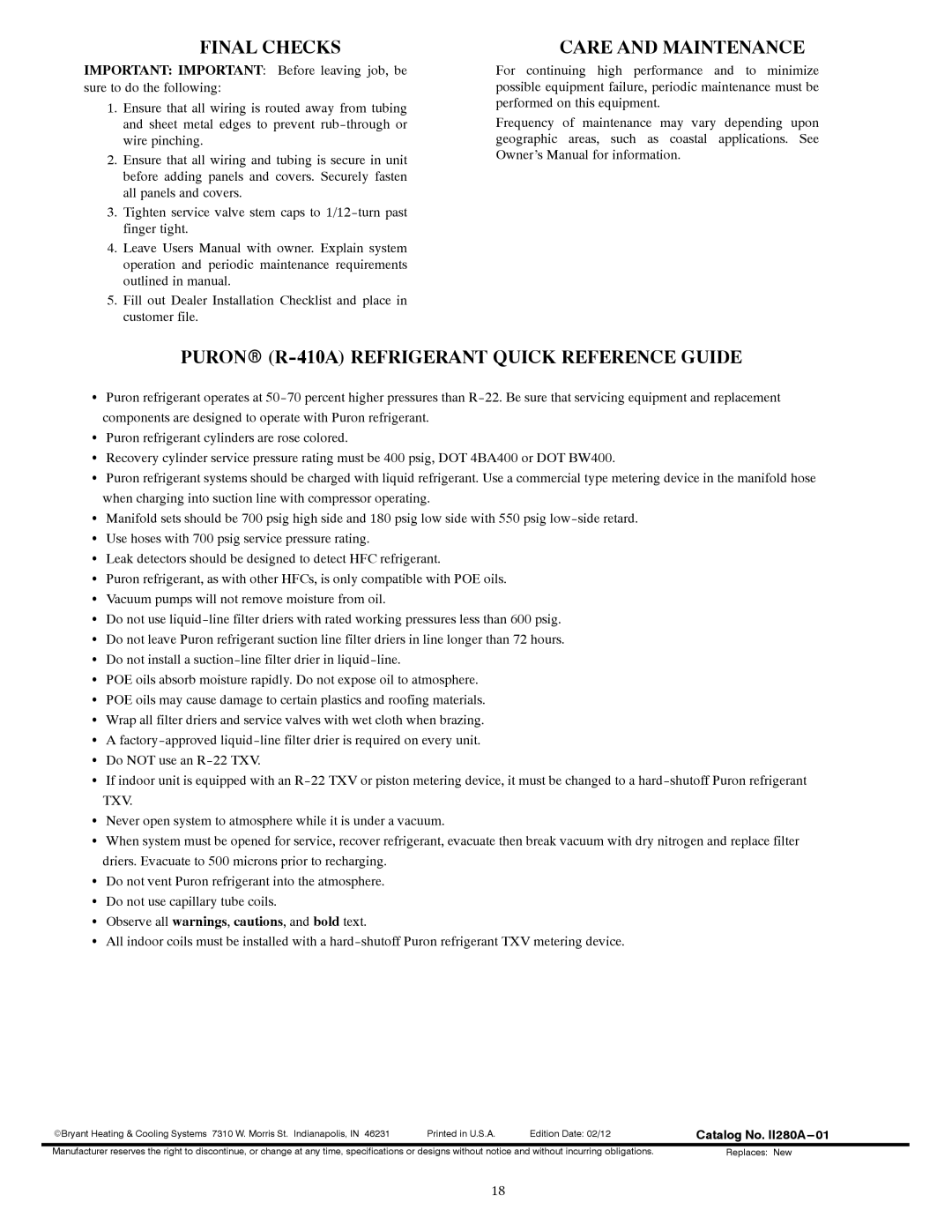 Bryant 280ANV installation instructions Final Checks, Care and Maintenance, Puronr R-410A Refrigerant Quick Reference Guide 