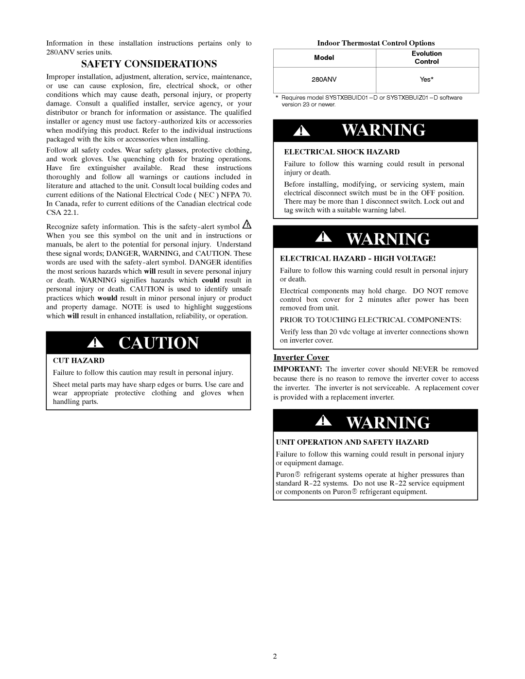 Bryant 280ANV installation instructions Safety Considerations, Inverter Cover 