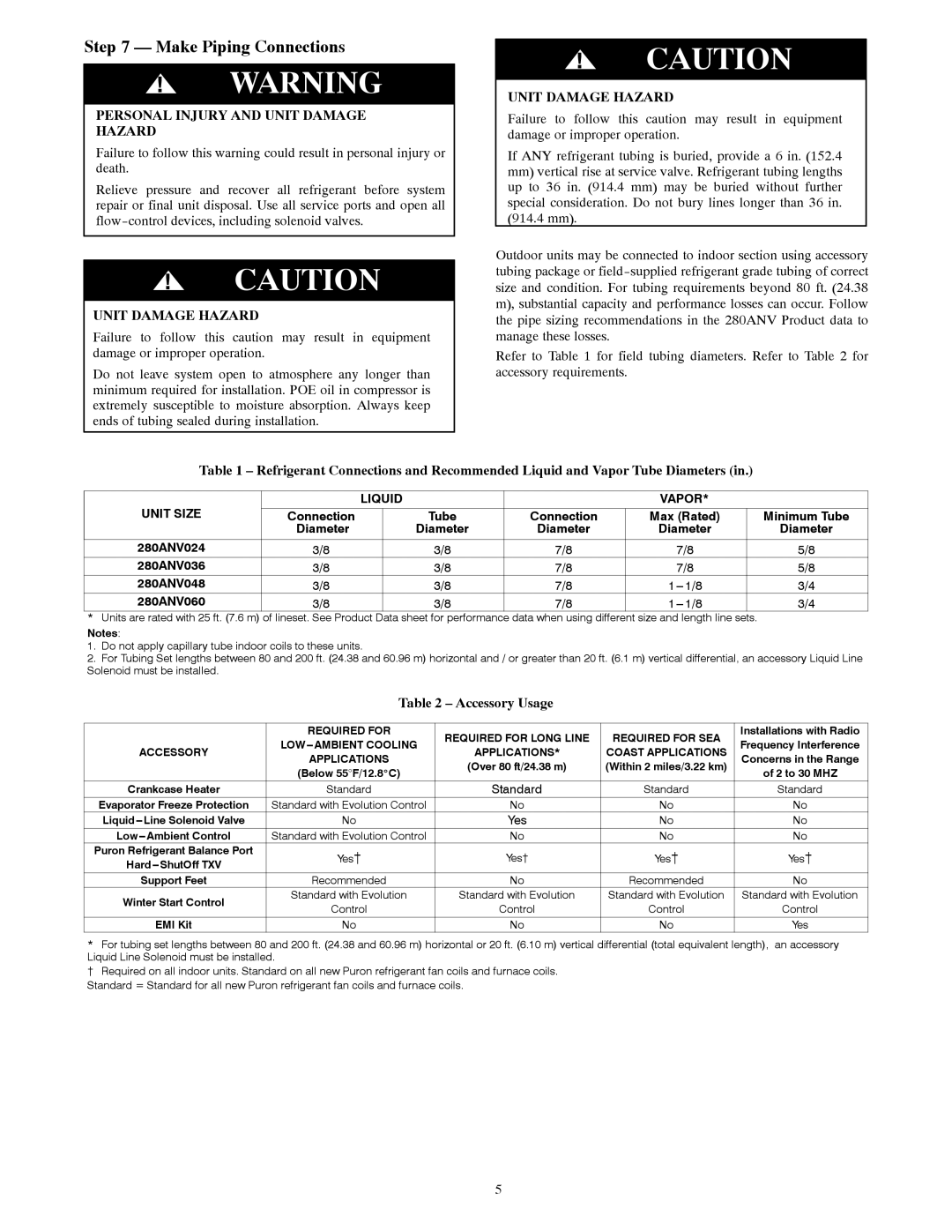 Bryant 280ANV installation instructions Make Piping Connections, Personal Injury and Unit Damage Hazard, Accessory Usage 