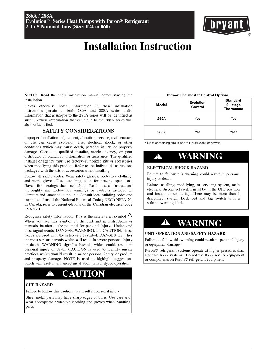 Bryant 286A instruction manual CUT Hazard, Indoor Thermostat Control Options, Electrical Shock Hazard 