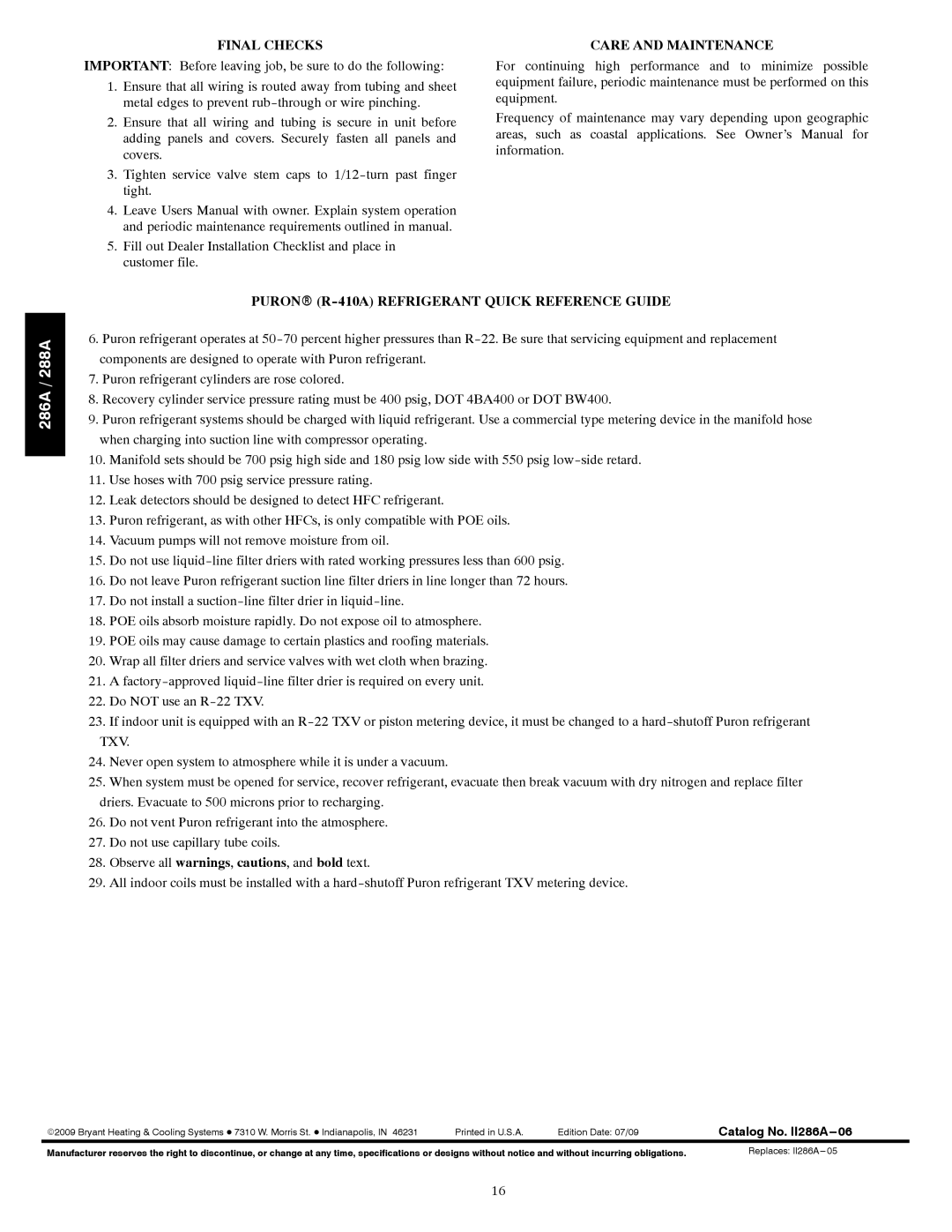 Bryant 286A instruction manual Final Checks, Care and Maintenance, Puronr R-410A Refrigerant Quick Reference Guide 