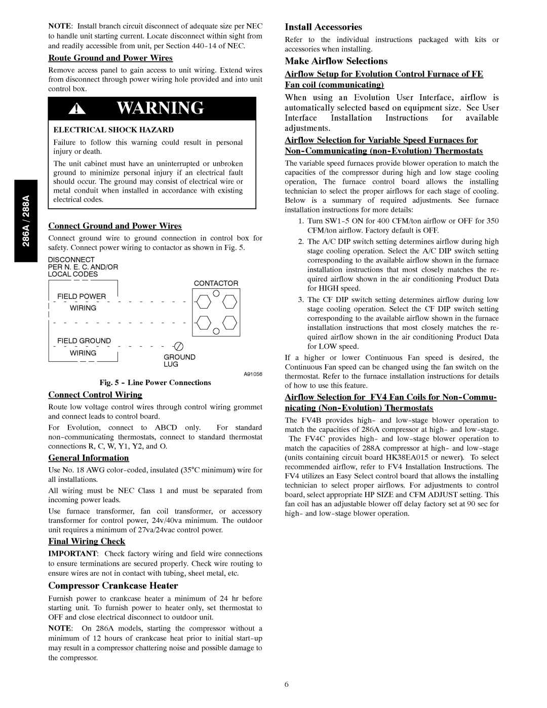 Bryant 286A instruction manual Install Accessories, Make Airflow Selections, Compressor Crankcase Heater 