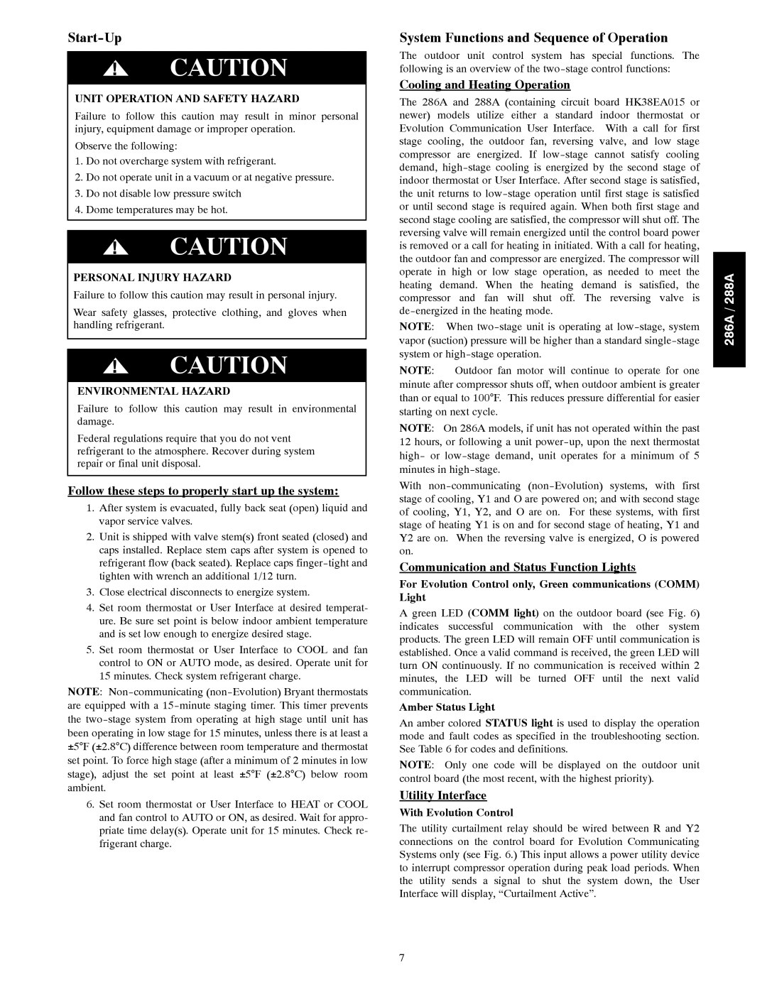 Bryant 286A instruction manual Start-Up, System Functions and Sequence of Operation 