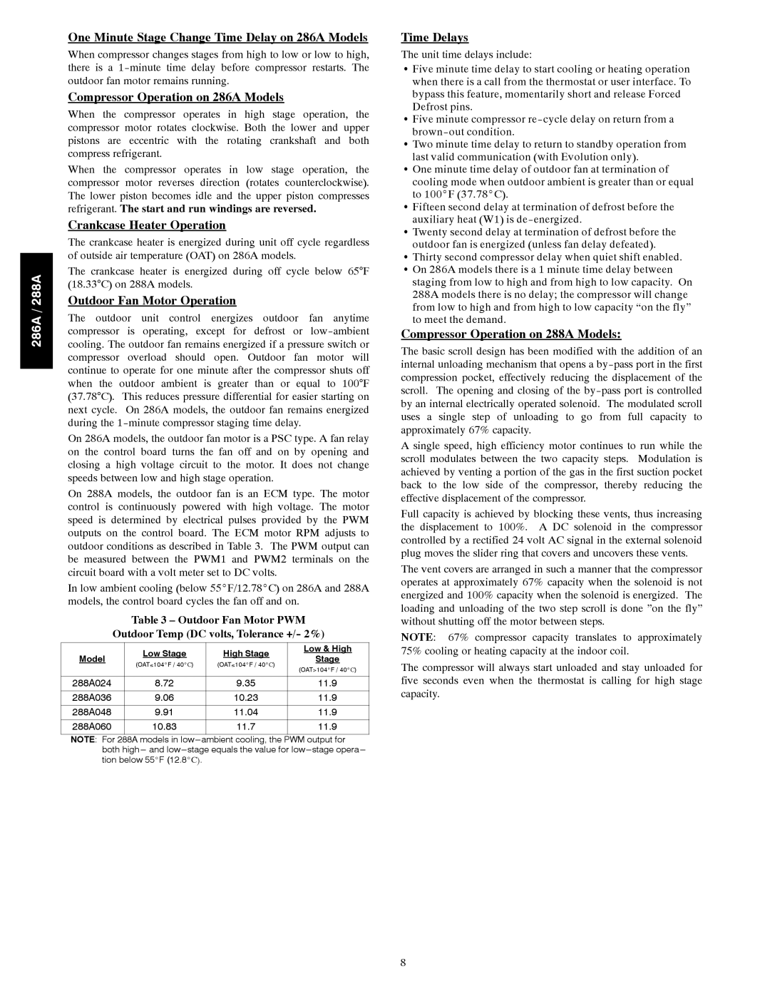 Bryant One Minute Stage Change Time Delay on 286A Models, Compressor Operation on 286A Models, Time Delays 