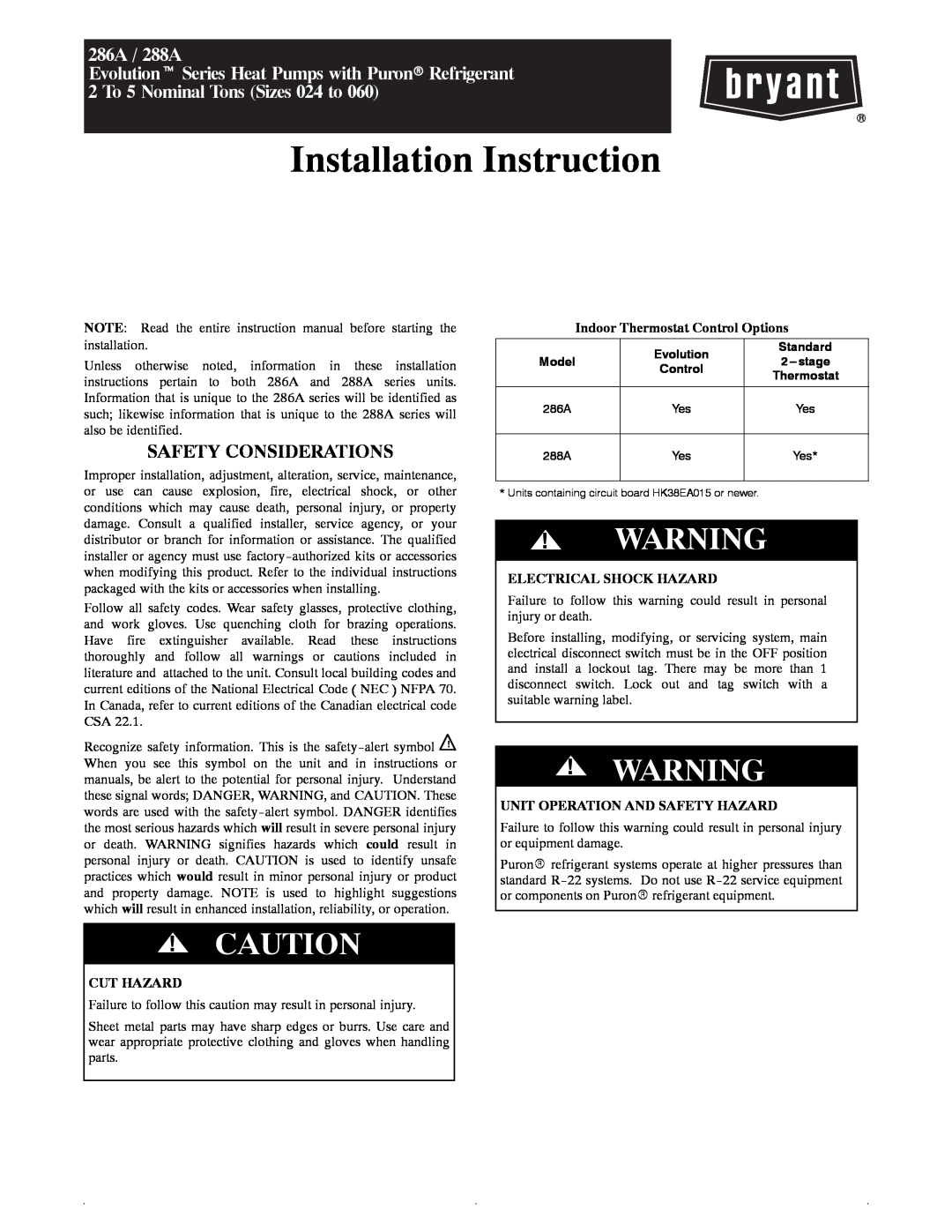 Bryant instruction manual Cut Hazard, Indoor Thermostat Control Options, Electrical Shock Hazard, 286A / 288A 