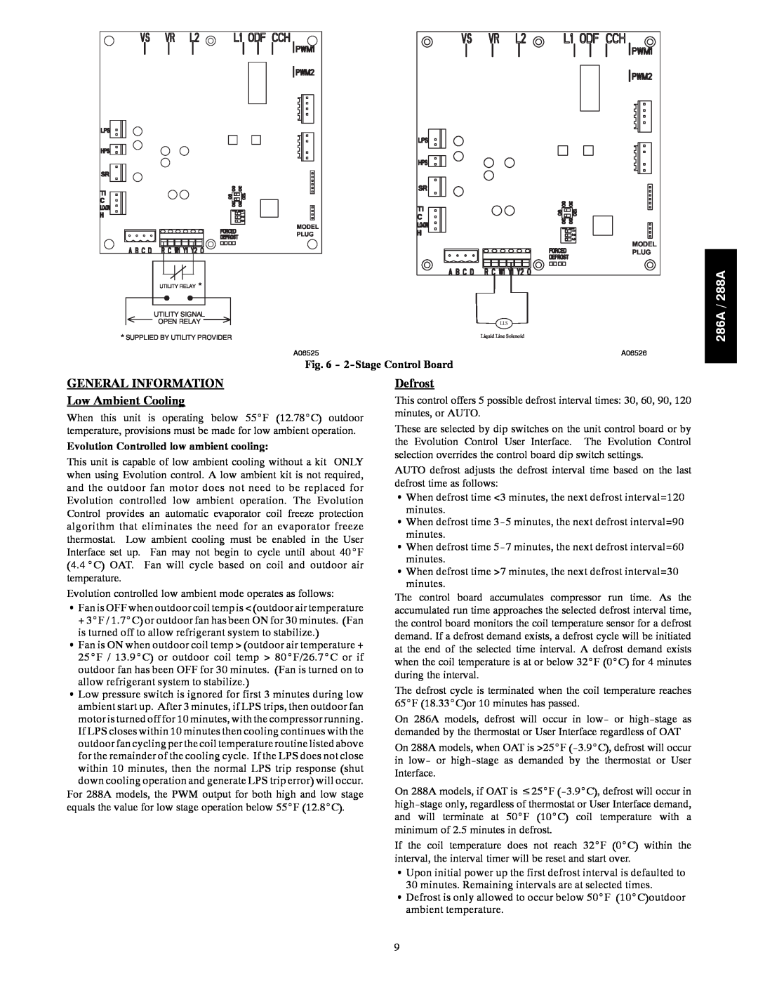 Bryant instruction manual GENERAL INFORMATION Low Ambient Cooling, Defrost, 2-StageControl Board, 286A / 288A 
