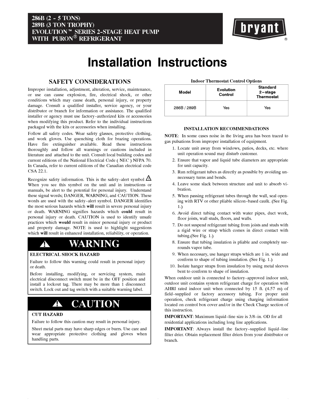 Bryant 289B, 286B installation instructions Electrical Shock Hazard, CUT Hazard, Indoor Thermostat Control Options 