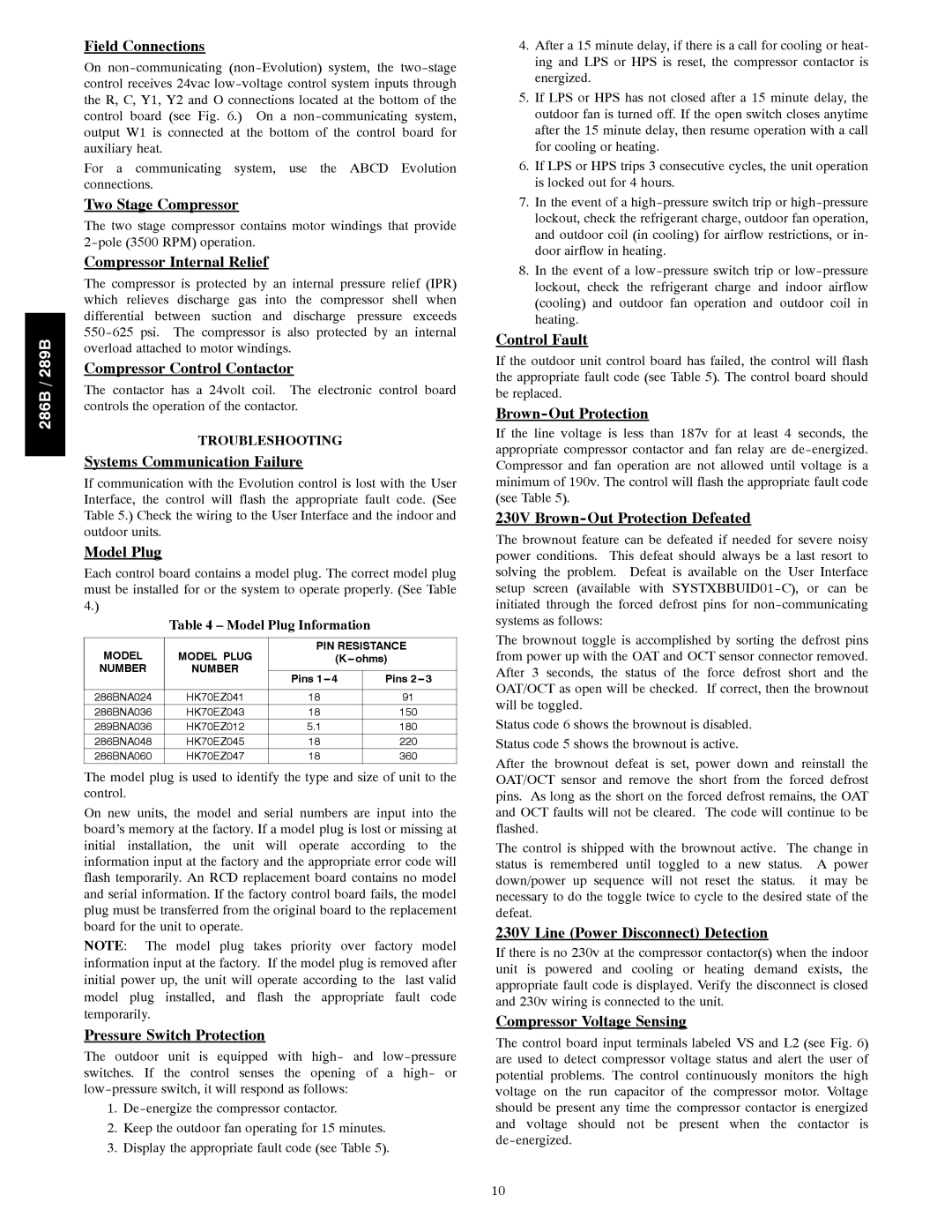 Bryant 286B Field Connections, Two Stage Compressor, Compressor Internal Relief, Compressor Control Contactor, Model Plug 