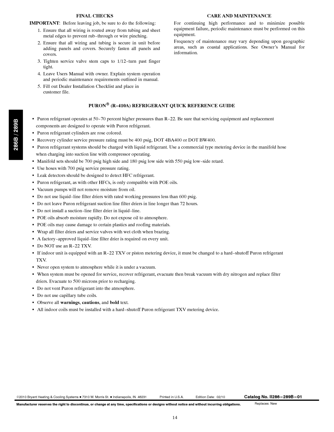 Bryant 286B, 289B Final Checks, Care and Maintenance, Puronr R-410A Refrigerant Quick Reference Guide 