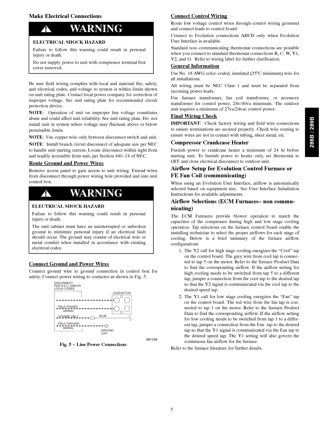 Bryant 289B Make Electrical Connections, Compressor Crankcase Heater, Airflow Selections ECM Furnaces- non commu- nicating 