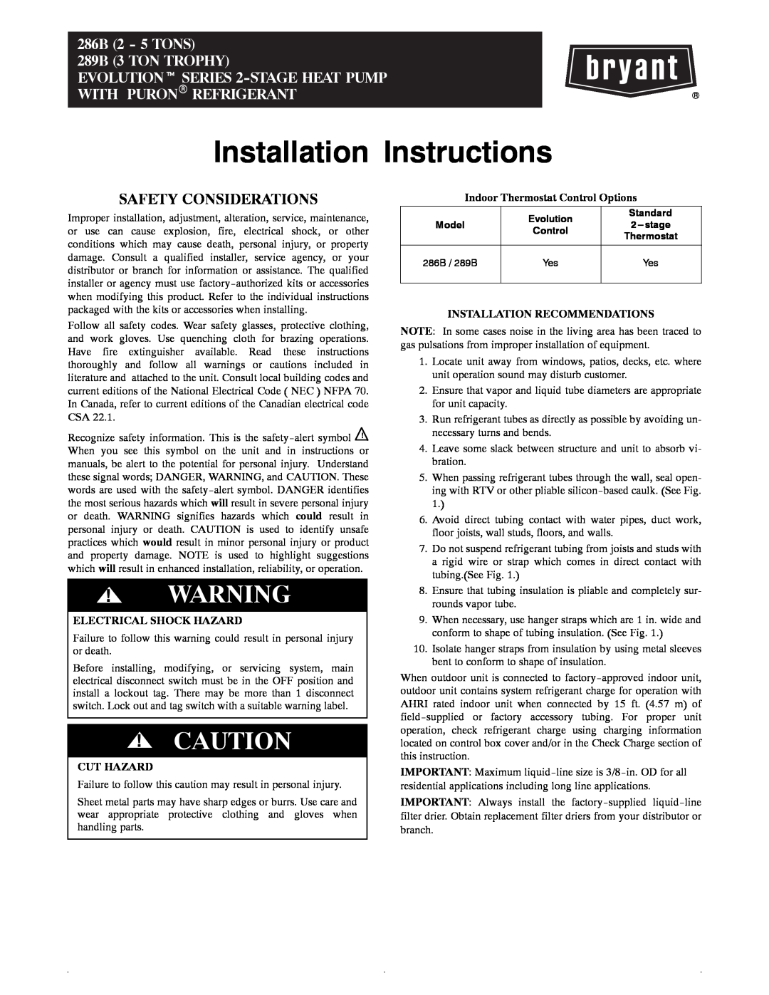 Bryant 289B, 286B installation instructions Electrical Shock Hazard, Cut Hazard, Indoor Thermostat Control Options 