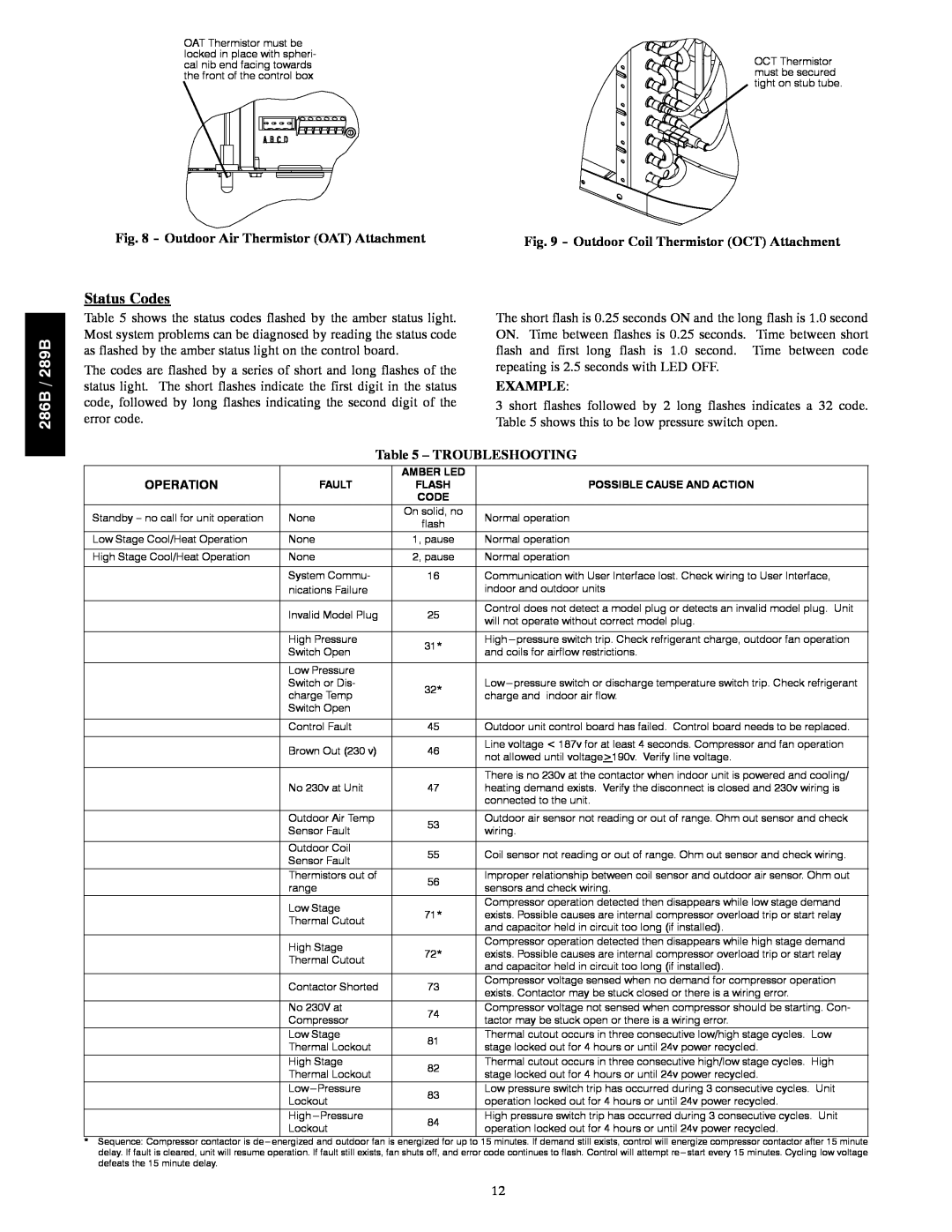 Bryant installation instructions Status Codes, Outdoor Air Thermistor OAT Attachment, Troubleshooting, 286B / 289B 