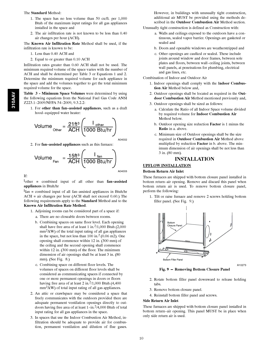 Bryant 310AAV instruction manual Upflow Installation, Bottom Return Air Inlet, Side Return Air Inlet 