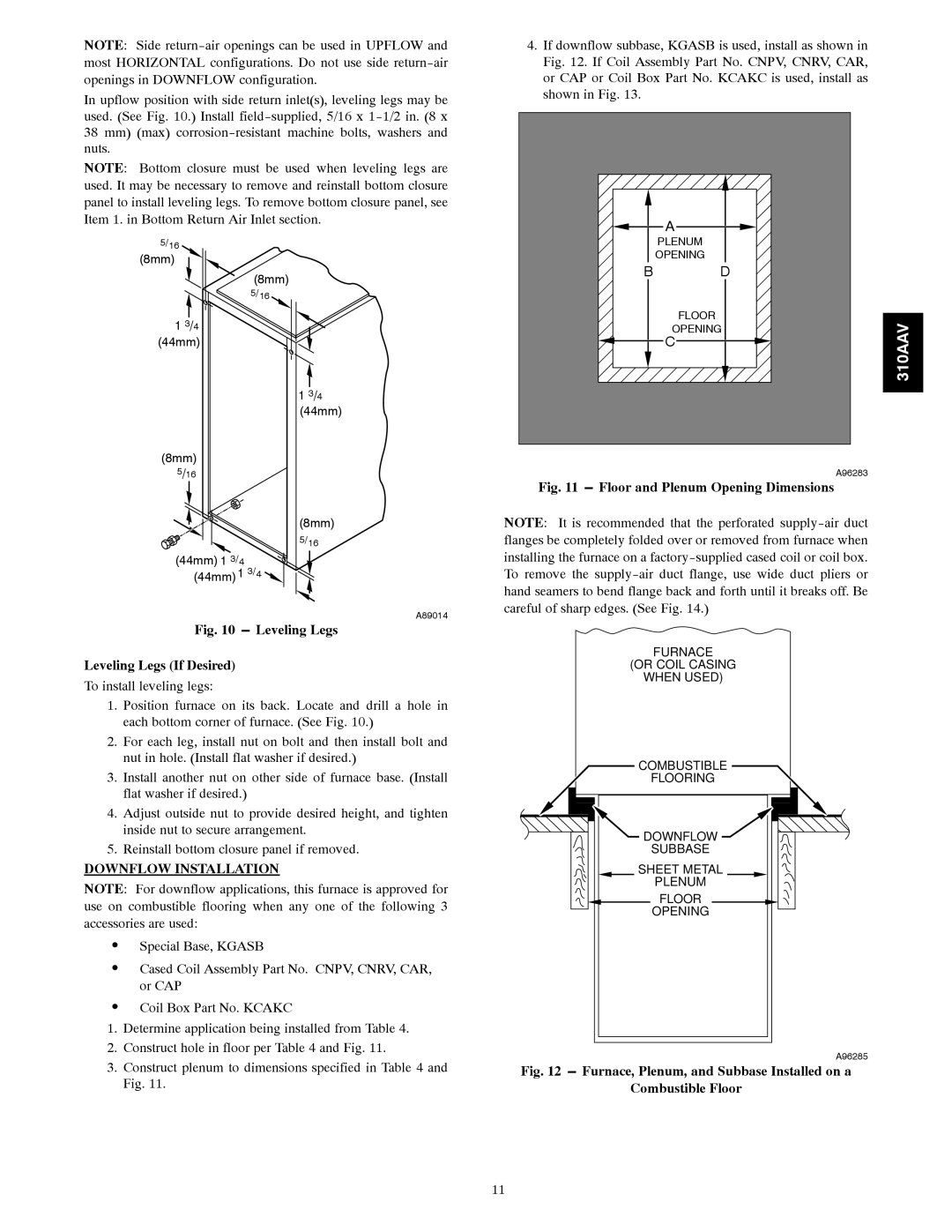 Bryant 310AAV instruction manual Leveling Legs Leveling Legs If Desired, Downflow Installation 