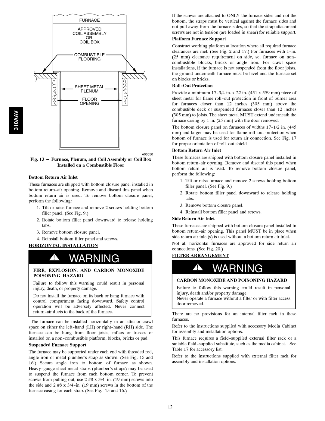 Bryant 310AAV instruction manual Suspended Furnace Support, Platform Furnace Support, Roll-Out Protection 