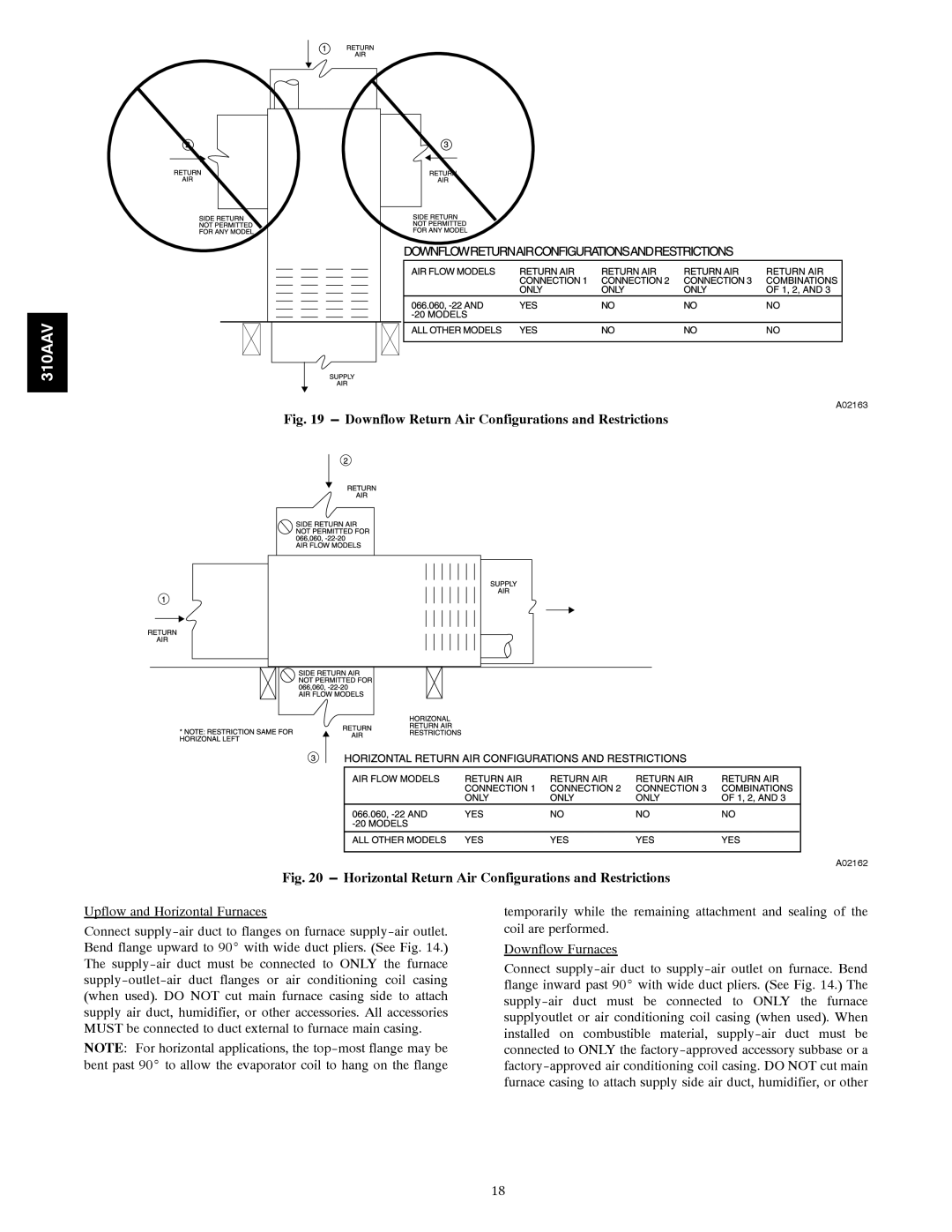 Bryant 310AAV instruction manual Downflow Return Air Configurations and Restrictions 