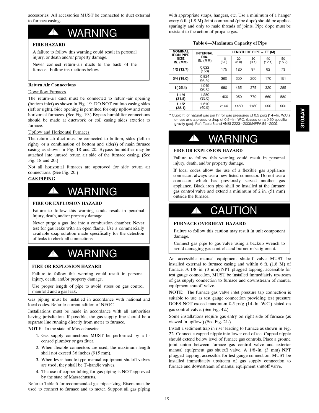 Bryant 310AAV instruction manual Return Air Connections, GAS Piping Fire or Explosion Hazard, Maximum Capacity of Pipe 