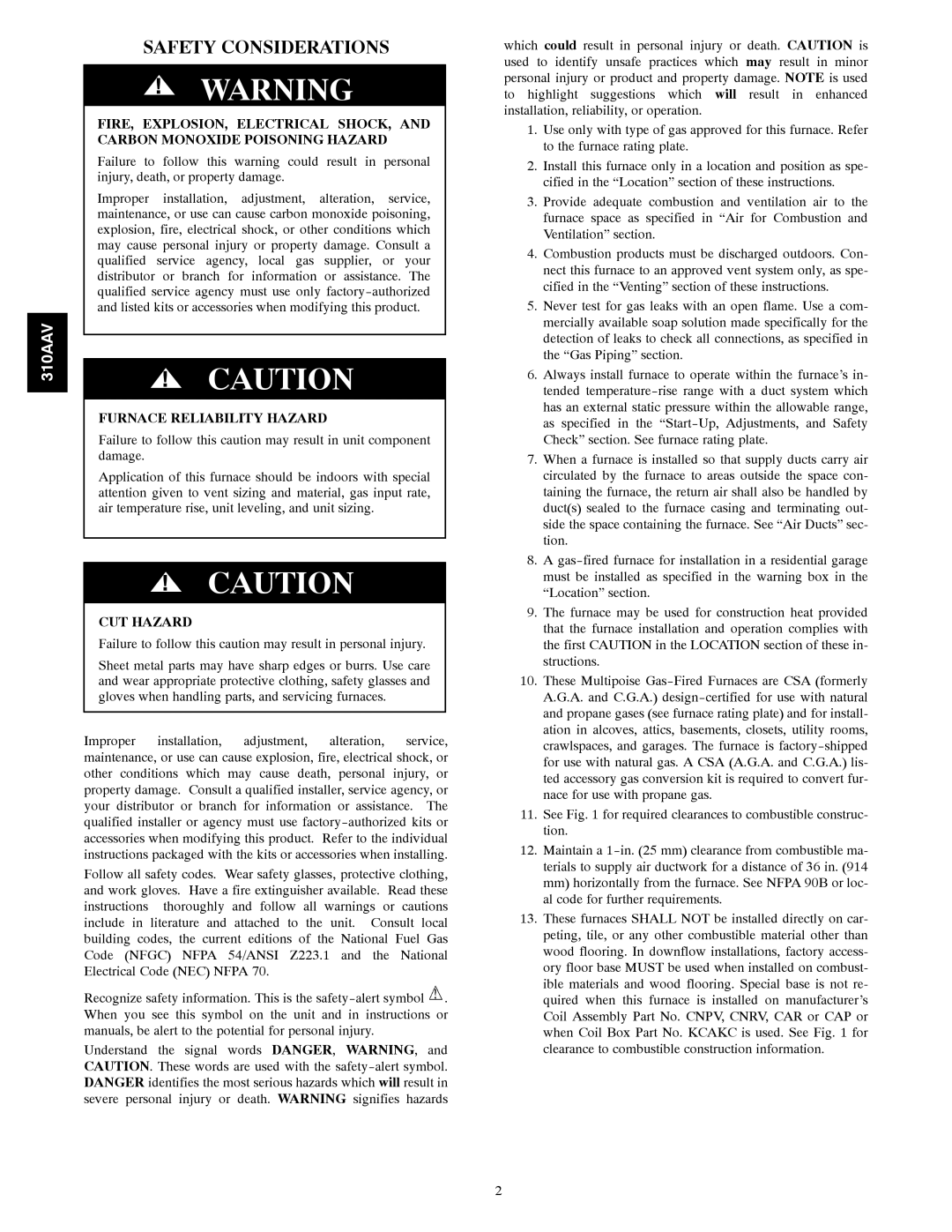 Bryant 310AAV instruction manual Safety Considerations, Furnace Reliability Hazard, CUT Hazard 