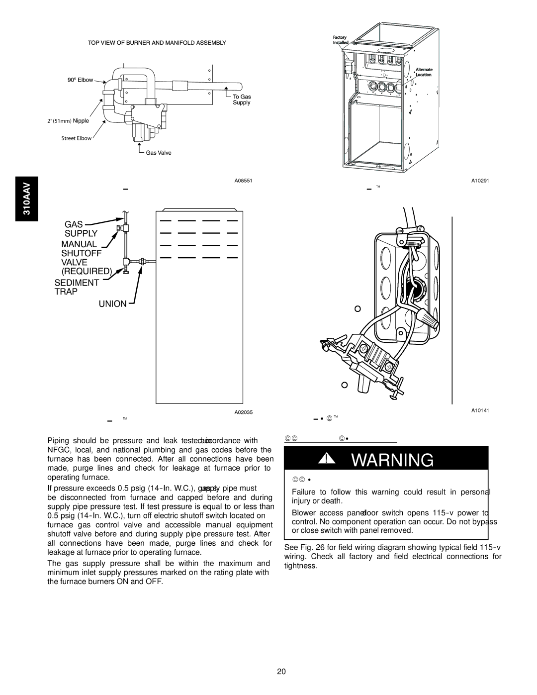 Bryant 310AAV instruction manual Burner and Manifold, Electrical Connections Electrical Shock Hazard 