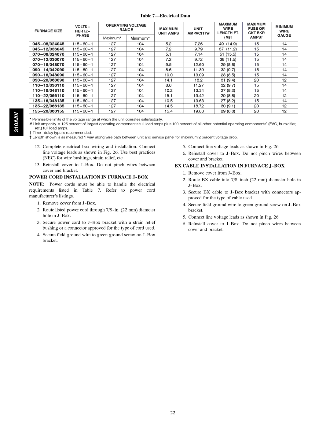 Bryant 310AAV Electrical Data, Power Cord Installation in Furnace J-BOX, BX Cable Installation in Furnace J-BOX 