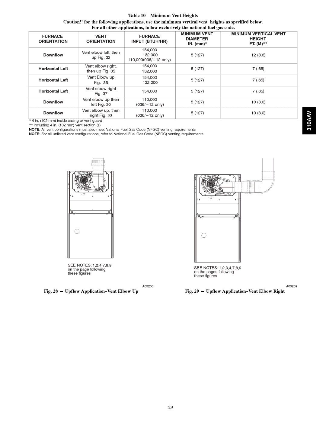 Bryant 310AAV instruction manual Upflow Application-Vent Elbow Up, Diameter Height Orientation Input BTUH/HR 