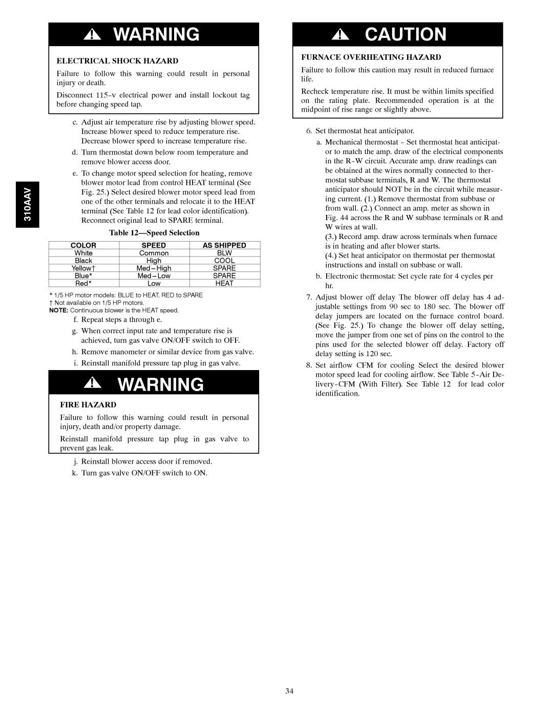 Bryant 310AAV instruction manual Speed Selection, Furnace Overheating Hazard 