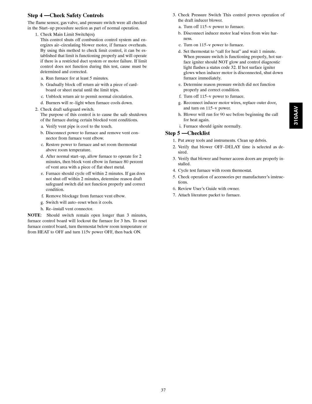 Bryant 310AAV instruction manual Check Safety Controls, Checklist 