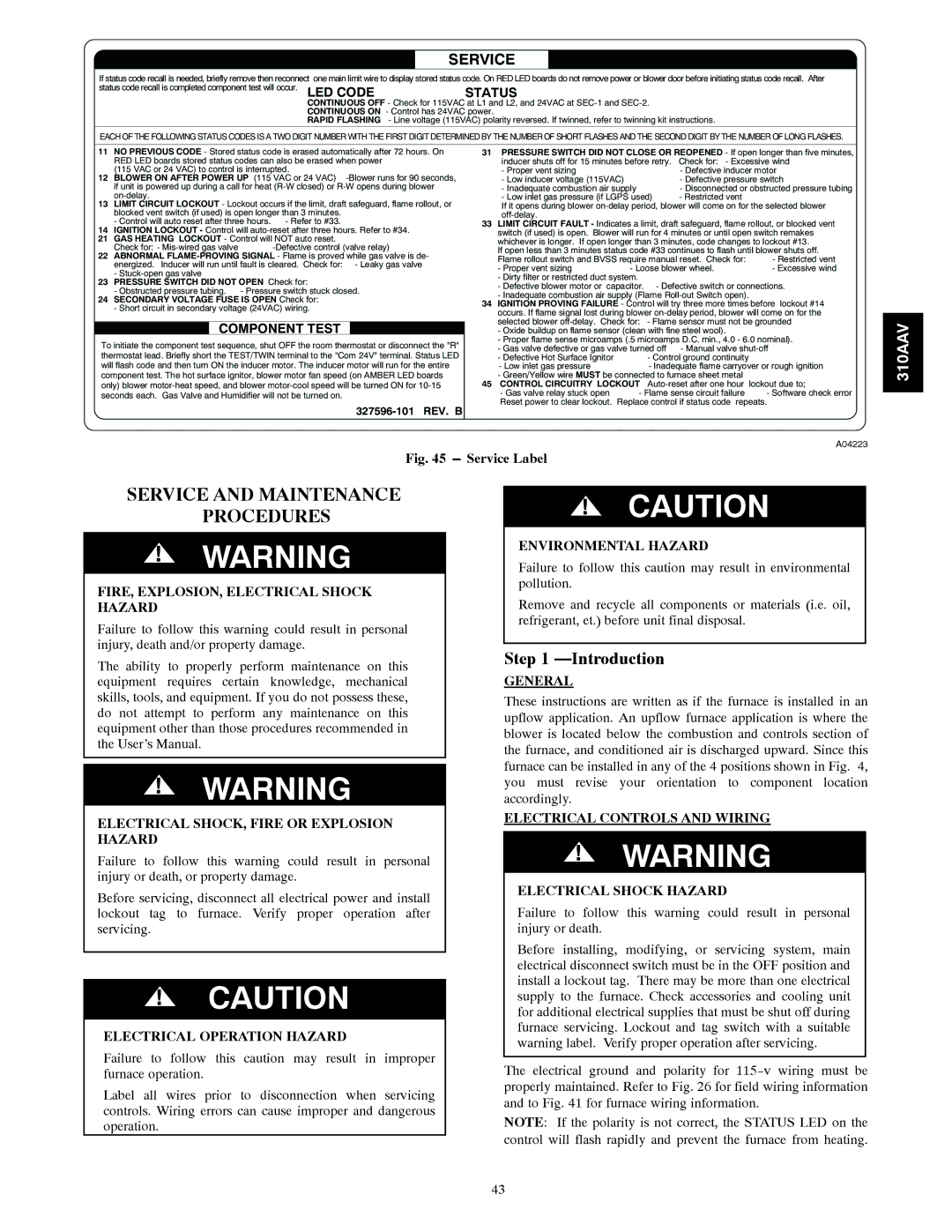 Bryant 310AAV instruction manual Service and Maintenance Procedures, Introduction 