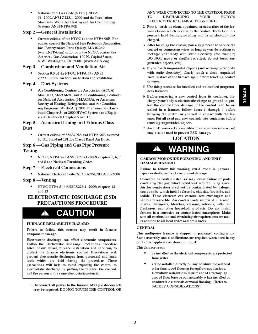 Bryant 310AAV instruction manual Electrostatic Discharge ESD Precautions Procedure, Location 