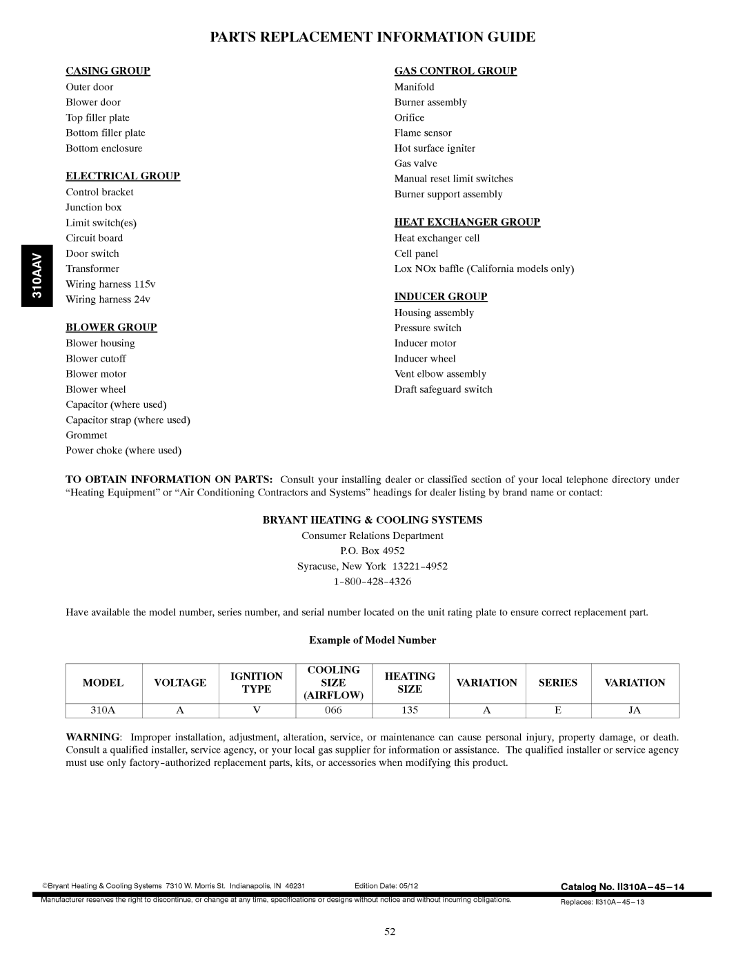 Bryant 310AAV instruction manual Parts Replacement Information Guide 