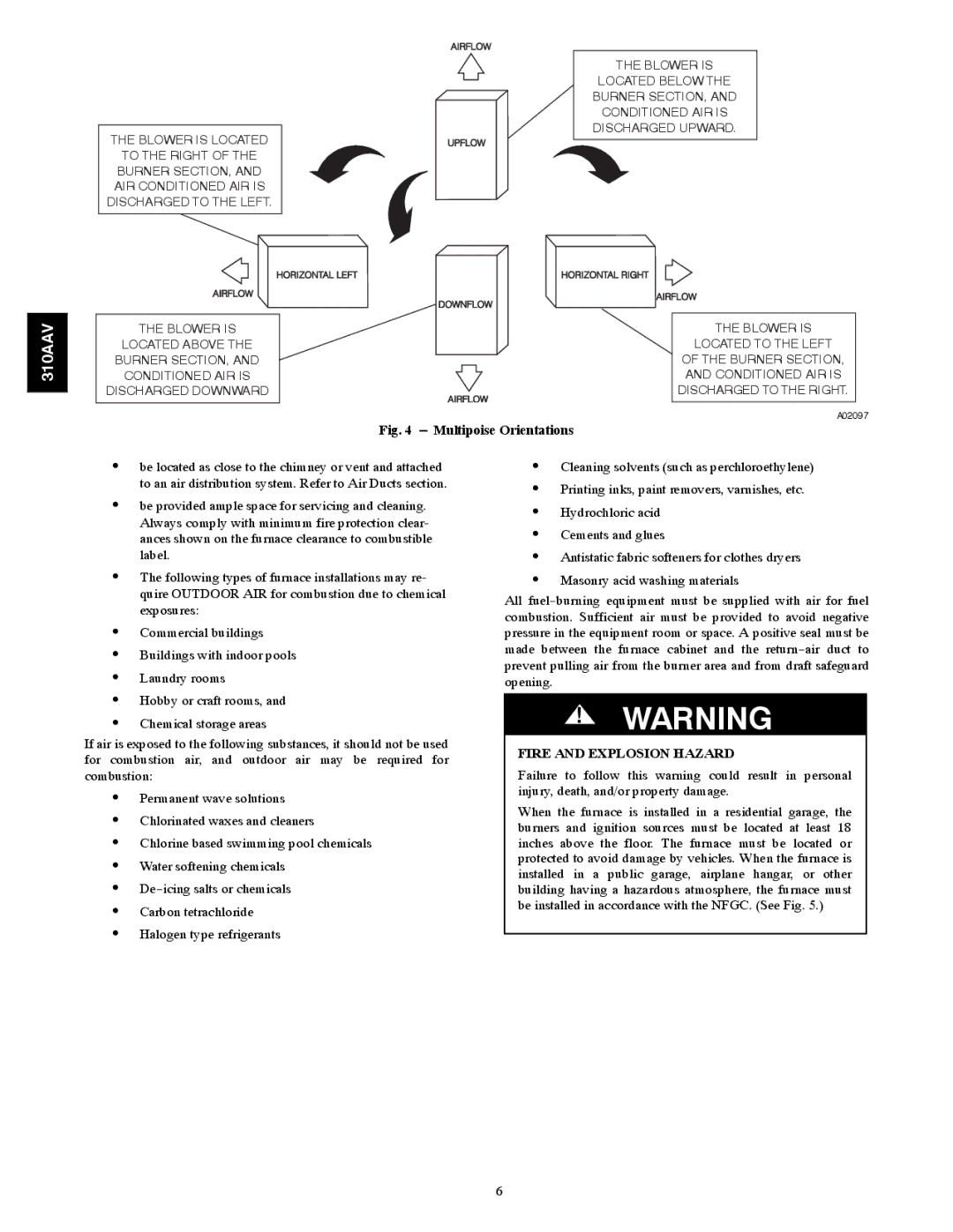 Bryant 310AAV instruction manual Multipoise Orientations, Fire and Explosion Hazard 