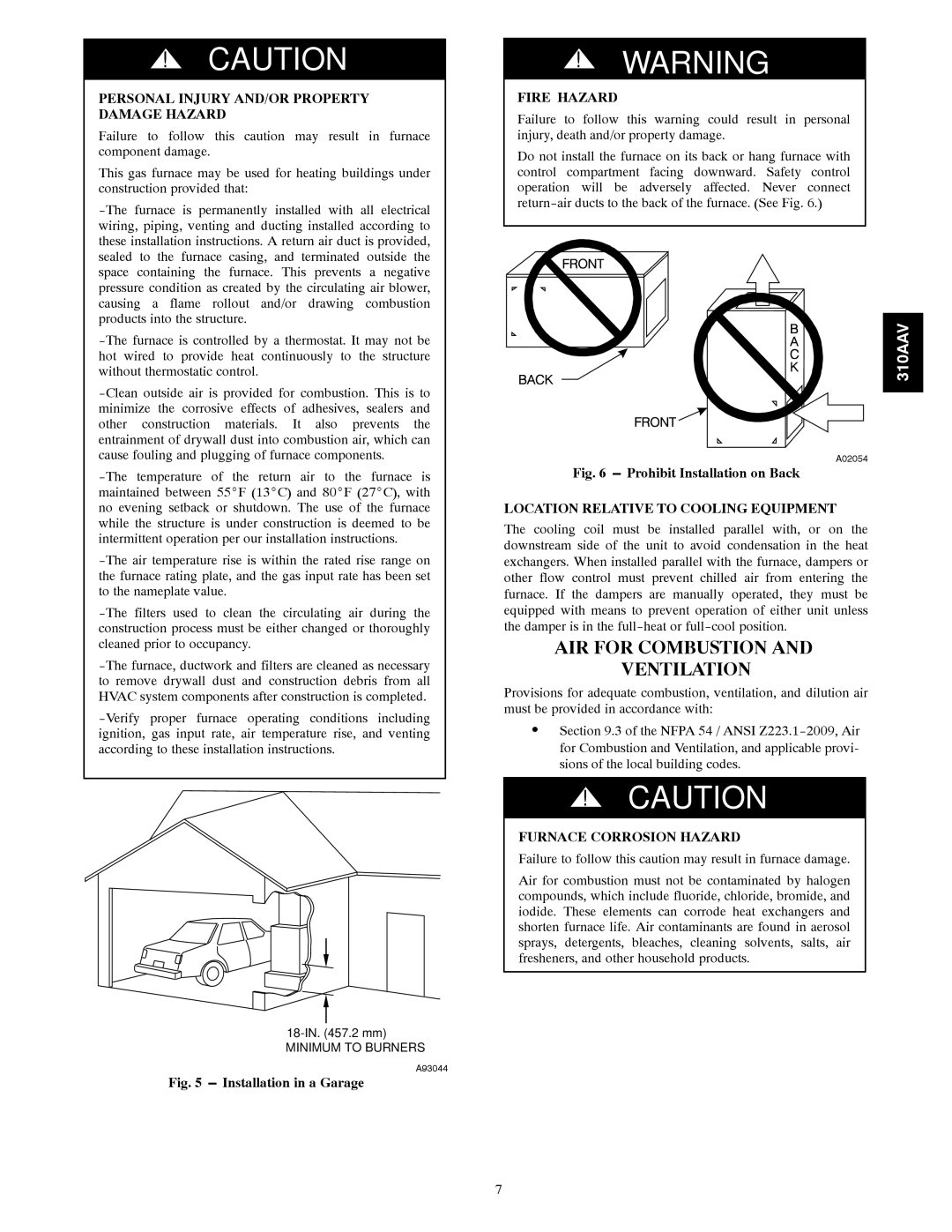 Bryant 310AAV instruction manual AIR for Combustion Ventilation, Personal Injury AND/OR Property Damage Hazard, Fire Hazard 