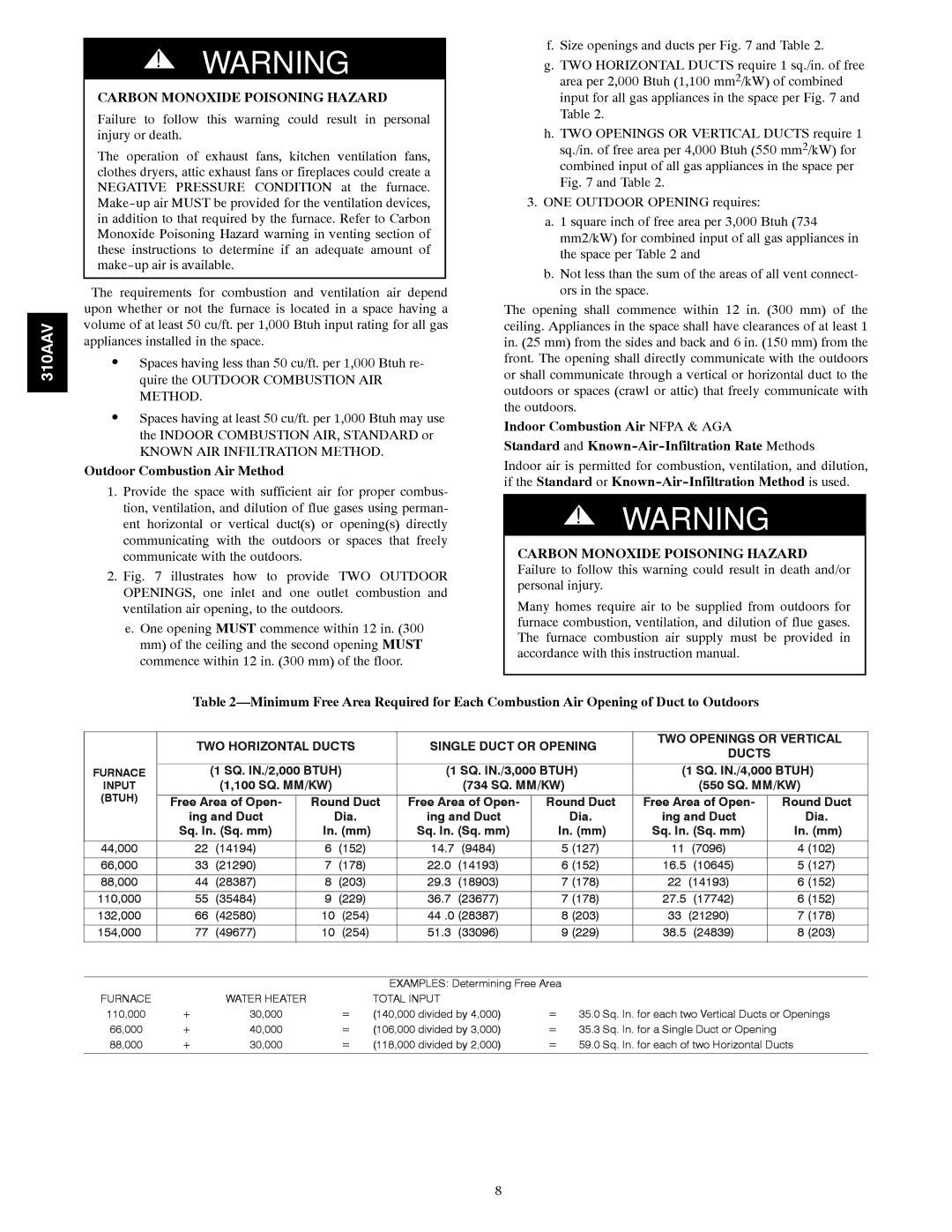 Bryant 310AAV instruction manual Carbon Monoxide Poisoning Hazard, Outdoor Combustion Air Method 