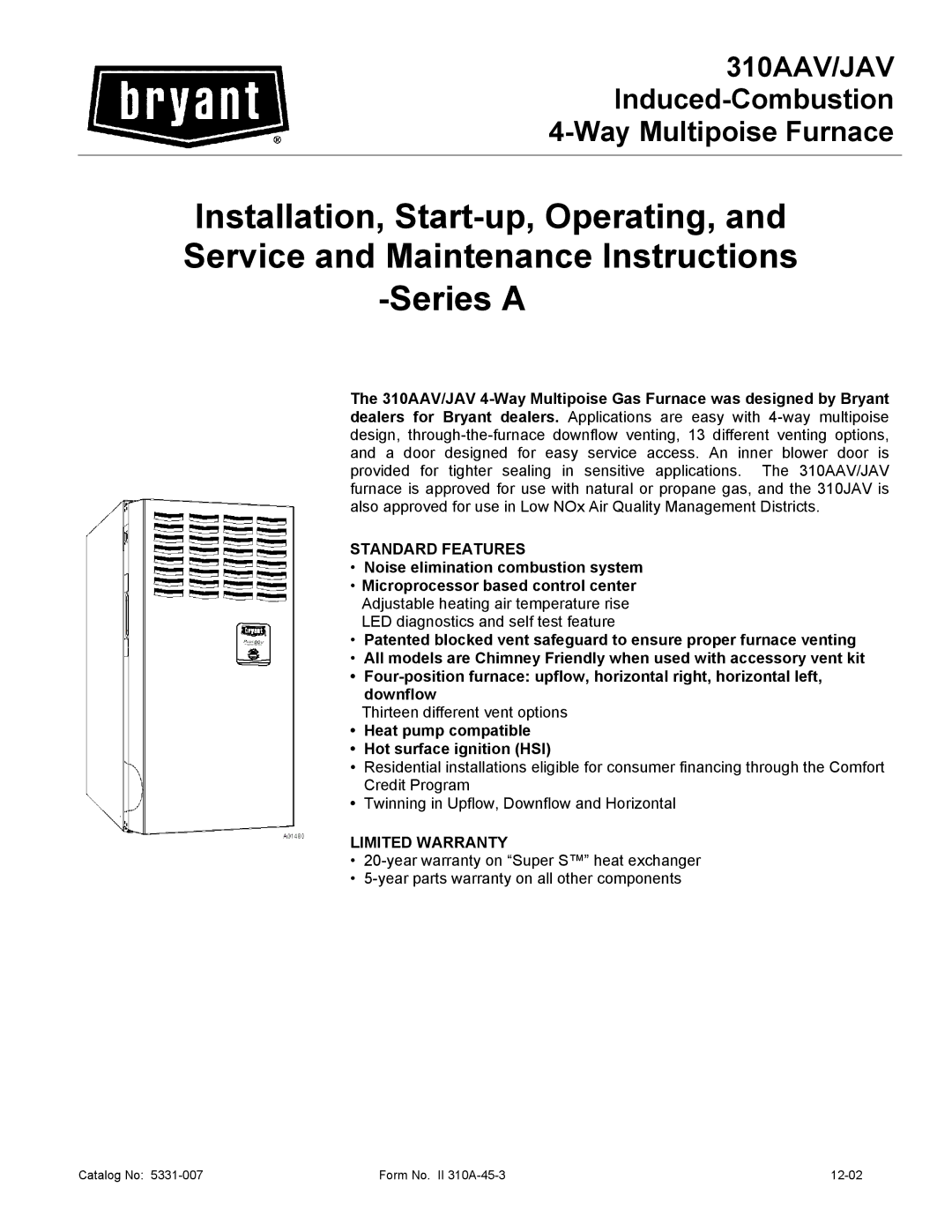 Bryant 310JAV warranty 310AAV/JAV Induced-Combustion 4-Way Multipoise Furnace 