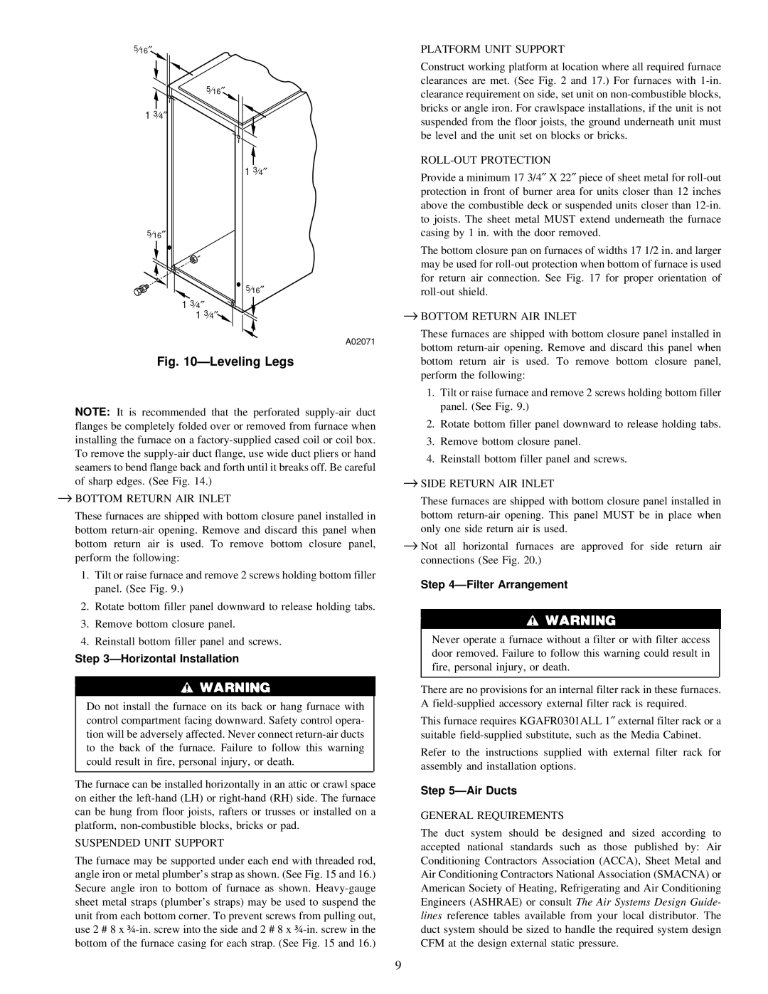 Bryant 310JAV, 310AAV warranty Horizontal Installation, Filter Arrangement, Air Ducts 