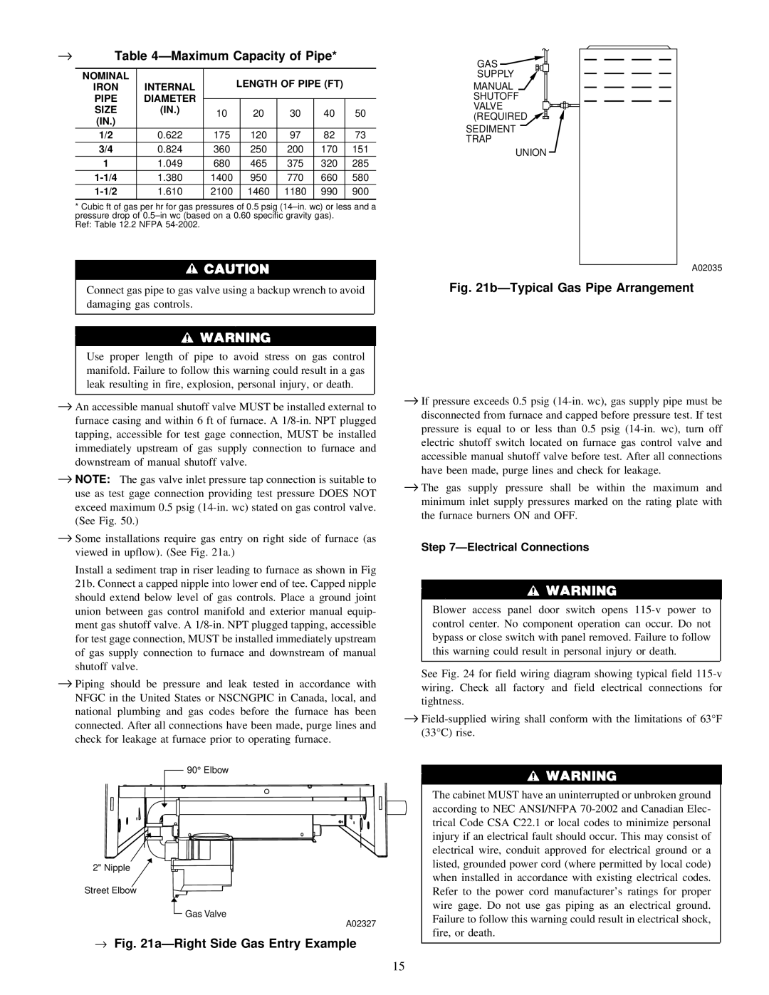 Bryant 310JAV, 310AAV warranty → -Maximum Capacity of Pipe, → a-Right Side Gas Entry Example 