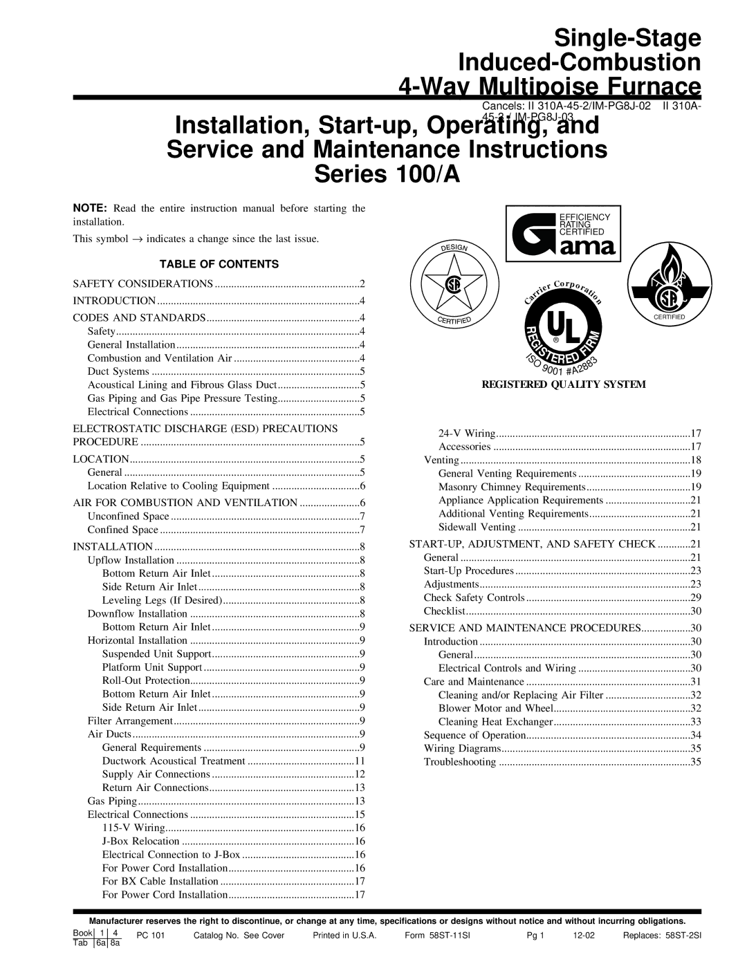 Bryant 310JAV, 310AAV warranty Table of Contents 