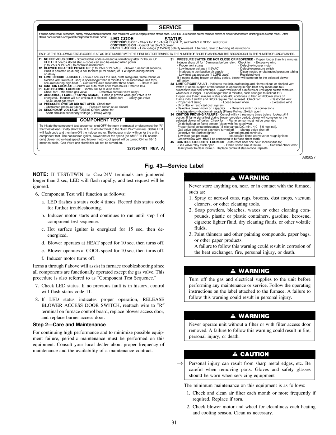 Bryant 310JAV, 310AAV warranty Service Label, Care and Maintenance 