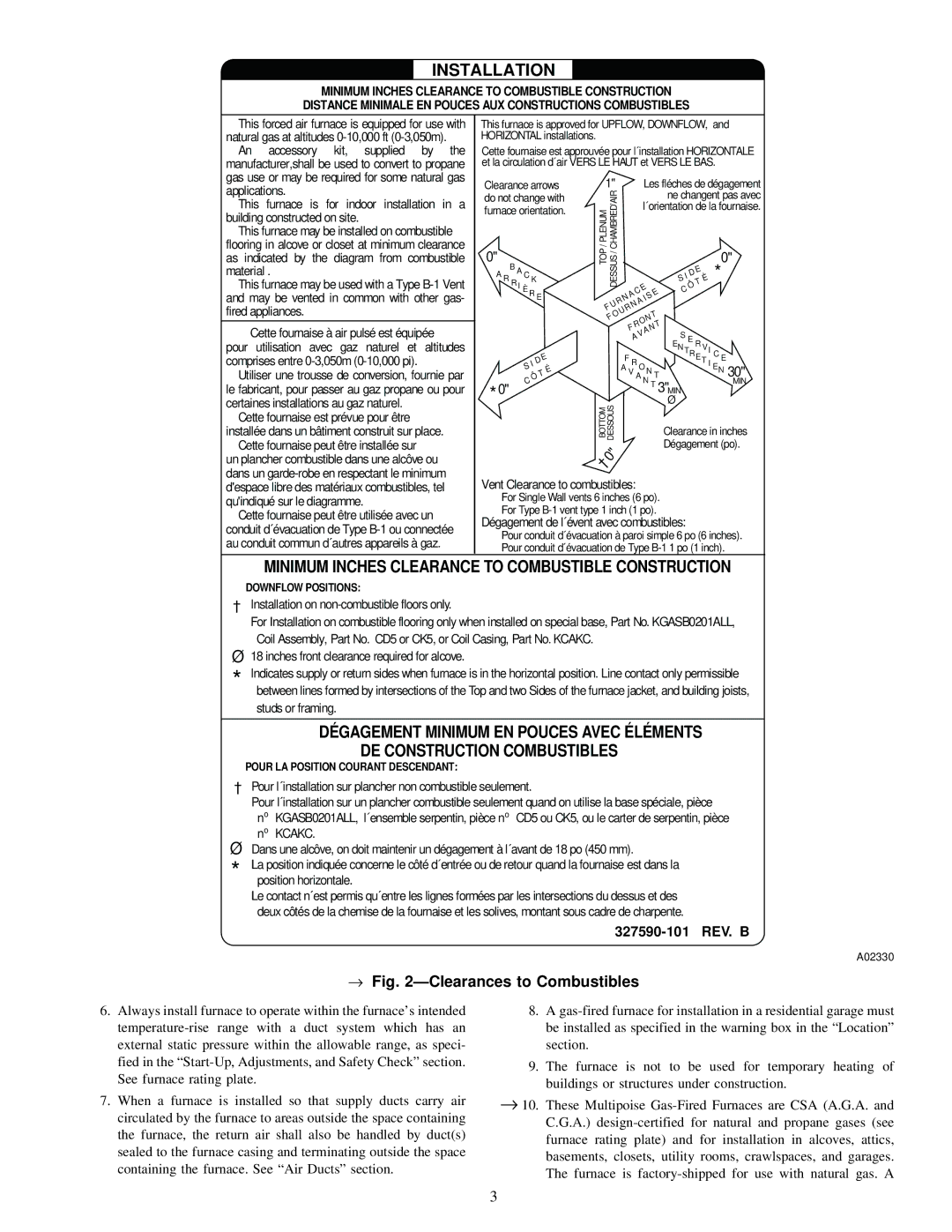 Bryant 310JAV, 310AAV warranty Installation, → -Clearances to Combustibles 