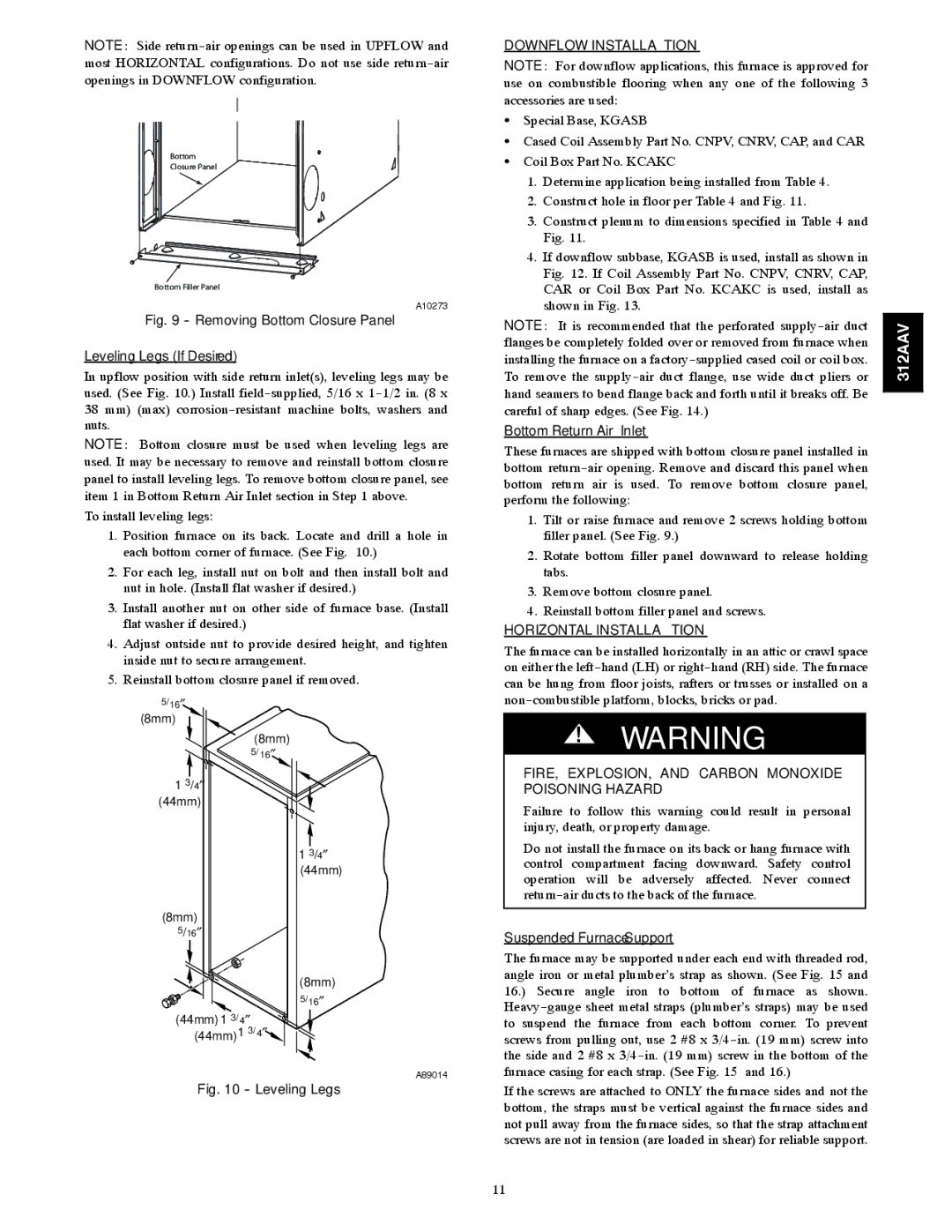 Bryant 312AAV/JAV Downflow Installation, Horizontal Installation, FIRE, EXPLOSION, and Carbon Monoxide Poisoning Hazard 