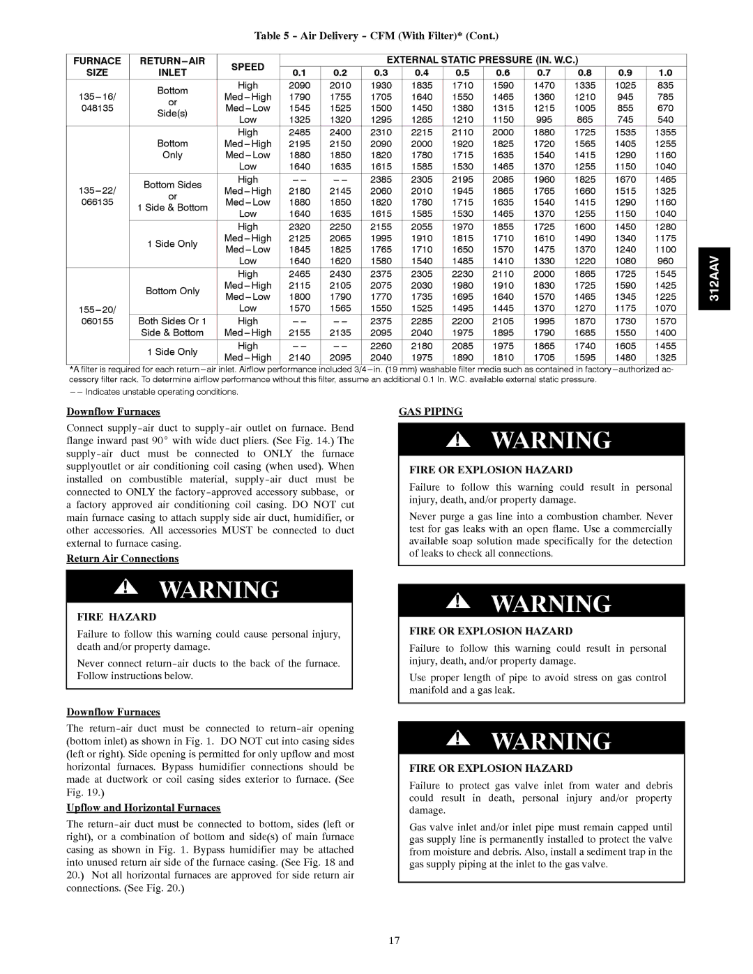 Bryant 312AAV/JAV instruction manual Air Delivery CFM With Filter, Downflow Furnaces, Return Air Connections 