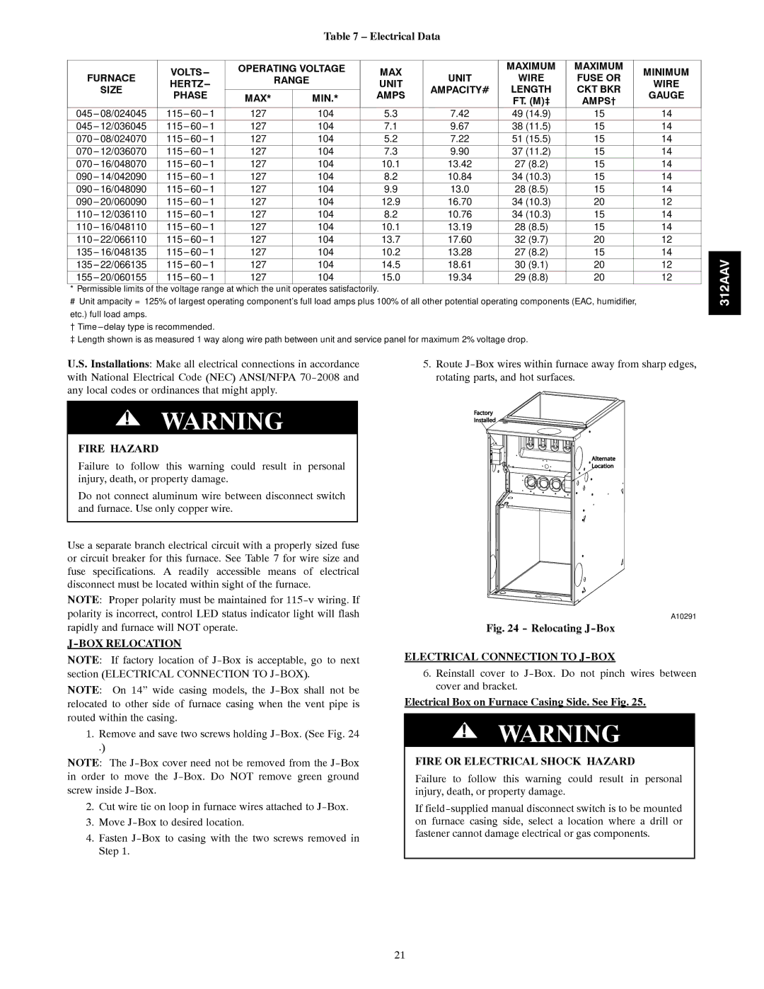 Bryant 312AAV/JAV Electrical Data, BOX Relocation, Electrical Connection to J-BOX, Fire or Electrical Shock Hazard 