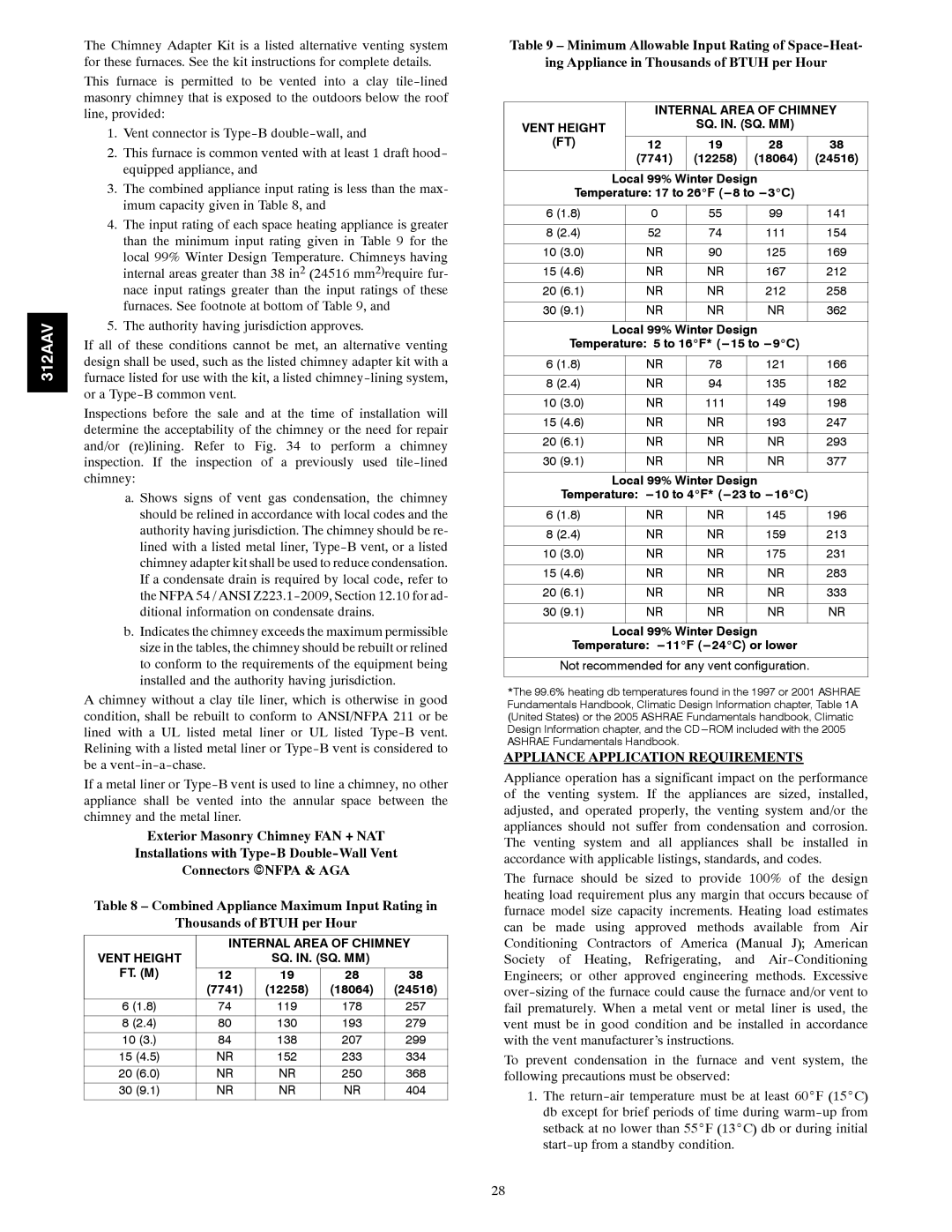 Bryant 312AAV/JAV instruction manual Appliance Application Requirements, Internal Area of Chimney, Vent Height 