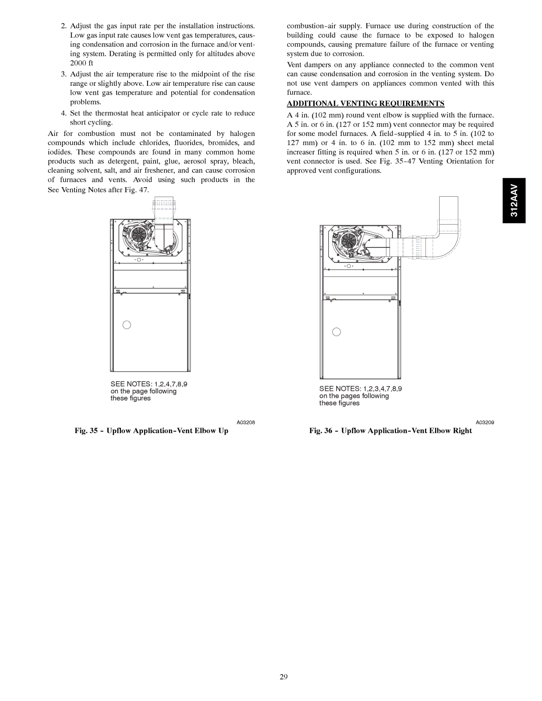 Bryant 312AAV/JAV instruction manual Upflow Application-Vent Elbow Up, Additional Venting Requirements 